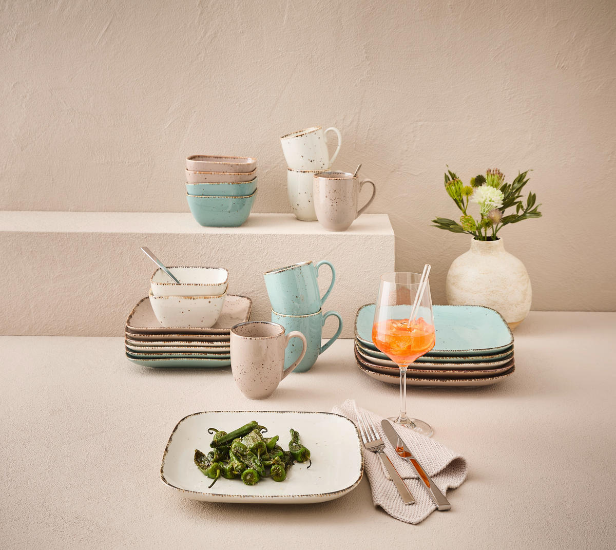 KOMBISERVICE Türkis, Weiß, Taupe Urban Life Square 24-teilig 6 Personen  - Türkis/Taupe, LIFESTYLE, Keramik - Landscape