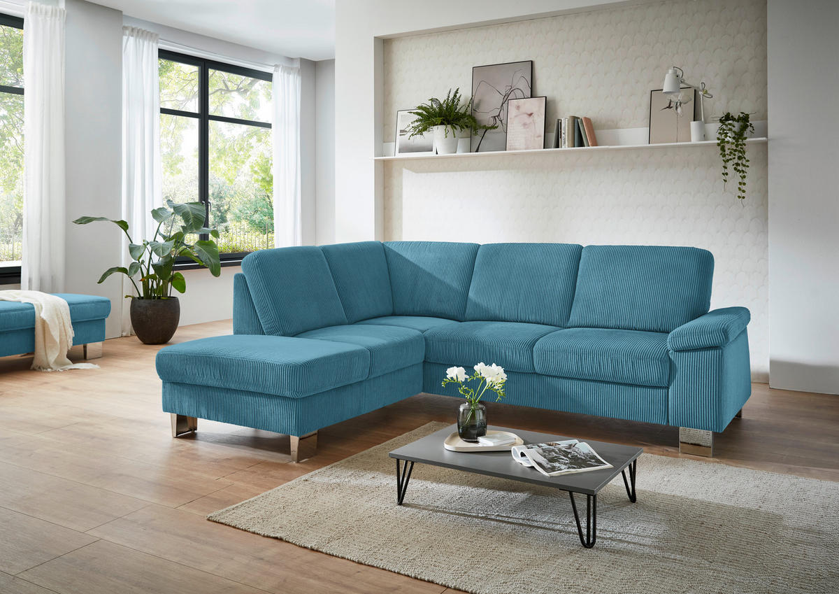 ECKSOFA in Cord Petrol  - Edelstahlfarben/Petrol, Konventionell, Textil/Metall (200/248cm) - Beldomo System