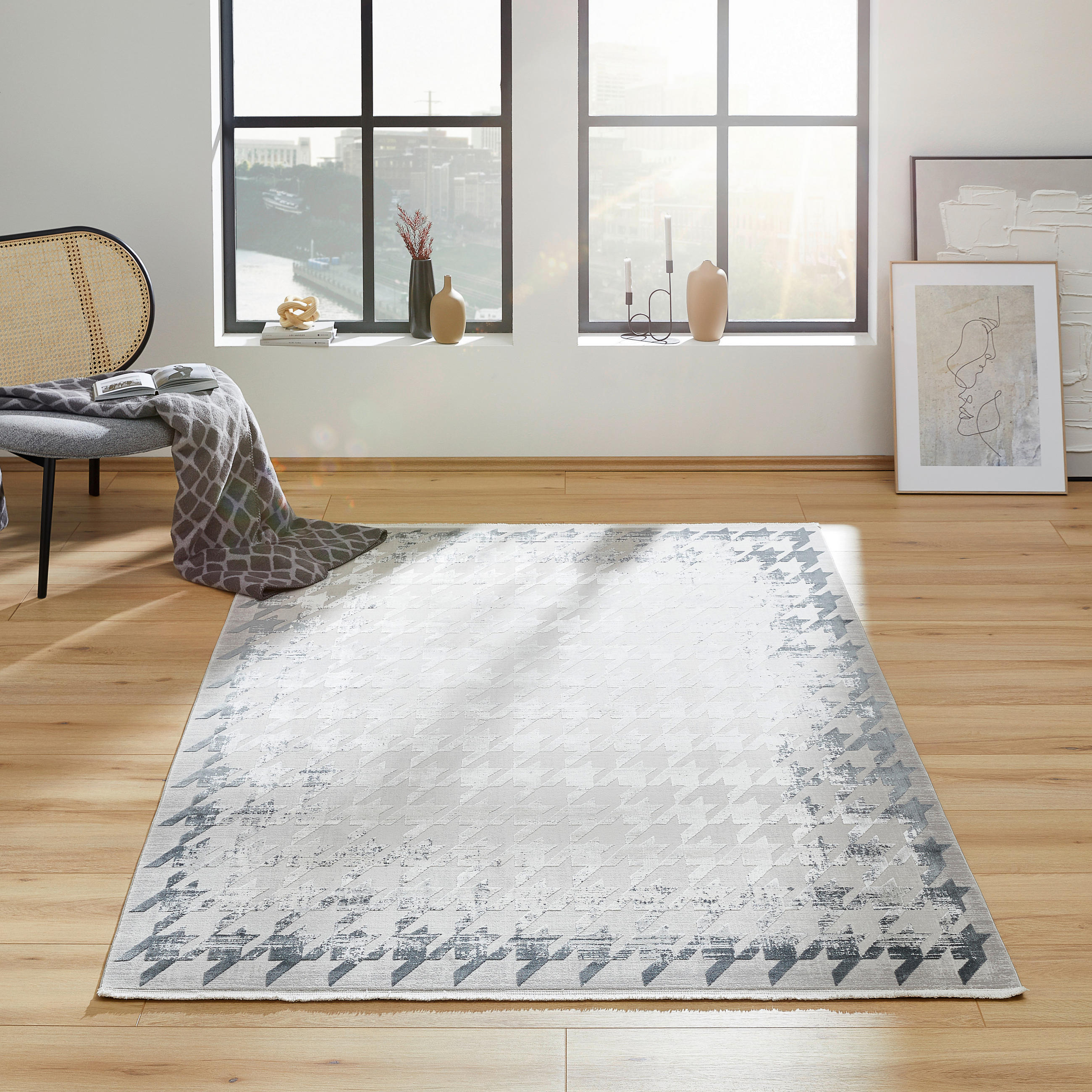 Thumbnail - Dieter Knoll Webteppich Houndstooth Border, Grau, Textil, Abstraktes, rechteckig, 133x190 cm, Oeko-Tex® Standard 100, in...