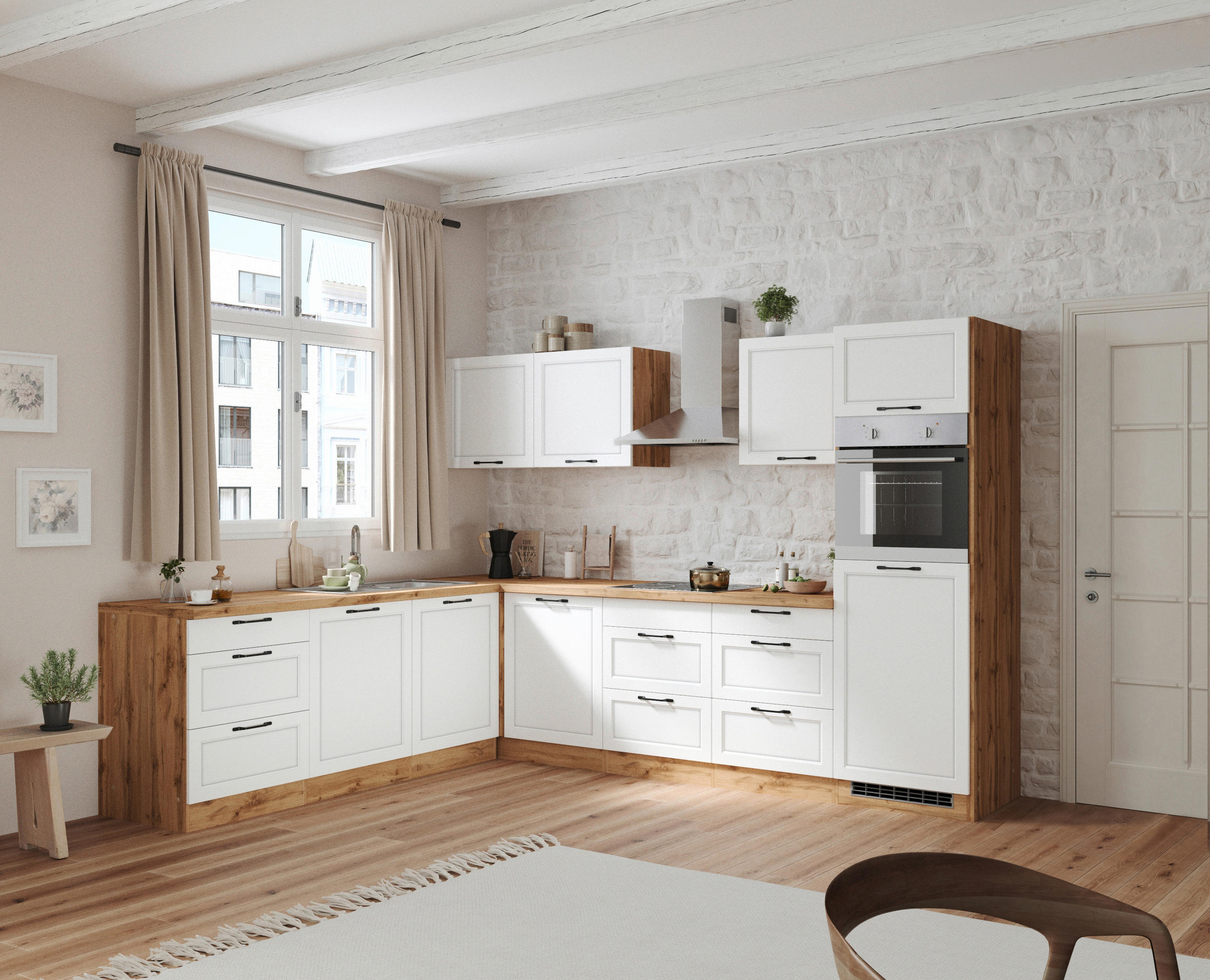 ECKKÜCHE 240/300 cm  in Weiß, Eiche Wotan  - Eiche Wotan/Schwarz, LIFESTYLE, Holzwerkstoff/Metall (240/300cm) - Held