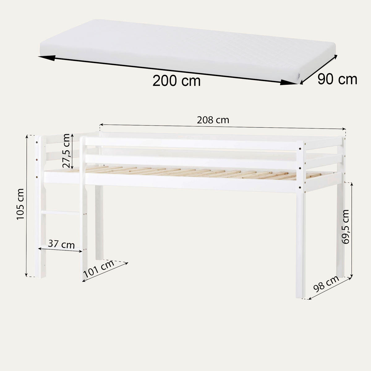 HOCHBETT 90/200 cm Weiß Weiß  - Weiß, MODERN, Holz (90/200cm) - MID.YOU