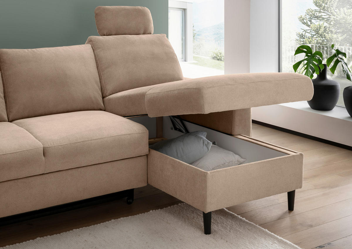 ECKSCHLAFSOFA in Chenille Hellbraun  - Hellbraun/Schwarz, Modern, Holz/Textil (234/147cm) - Livetastic