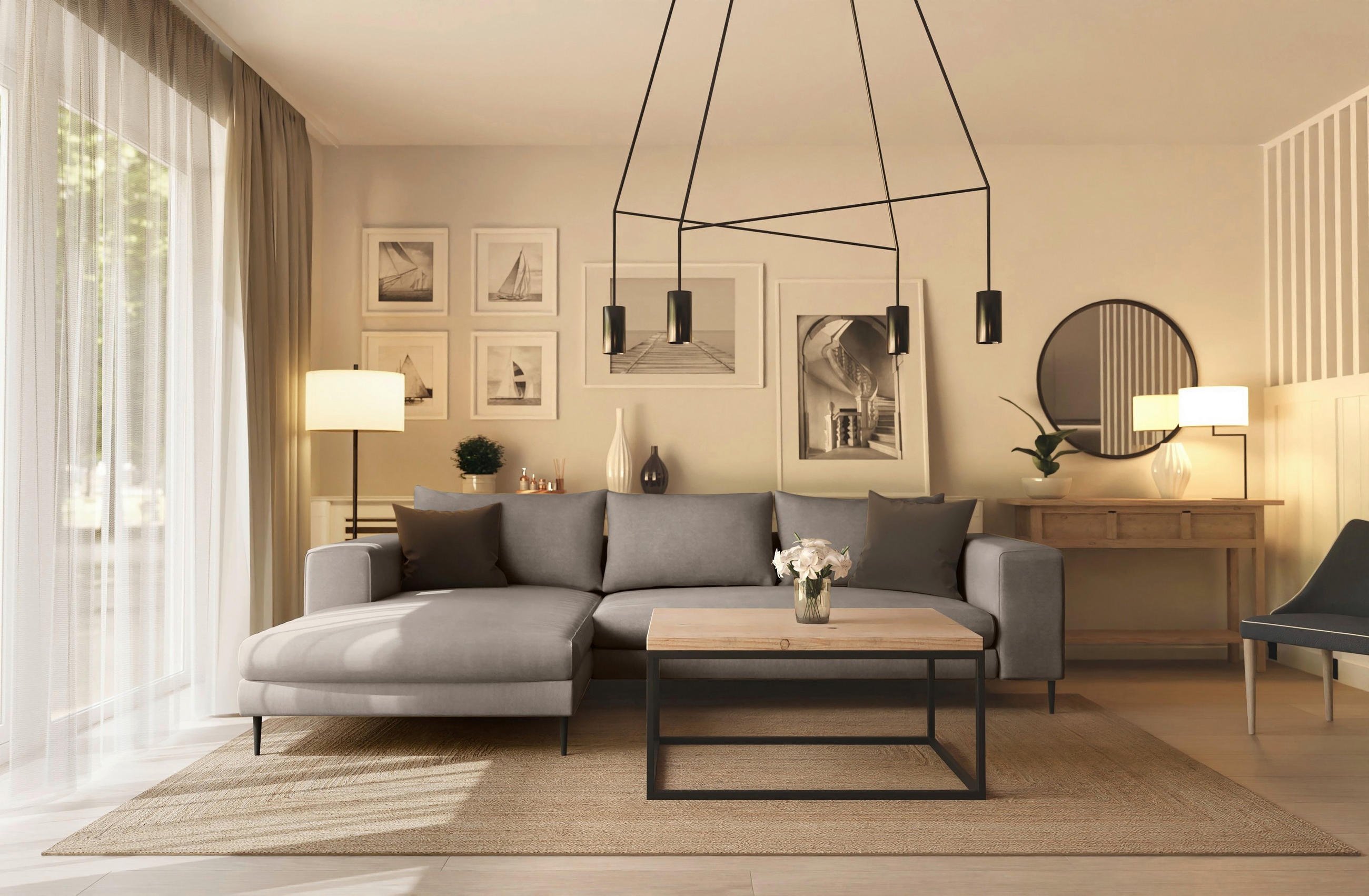ECKSCHLAFSOFA in Struktur Taupe - Taupe/Schwarz, Modern, Textil/Metall (170/315cm) - Trendmanufaktur