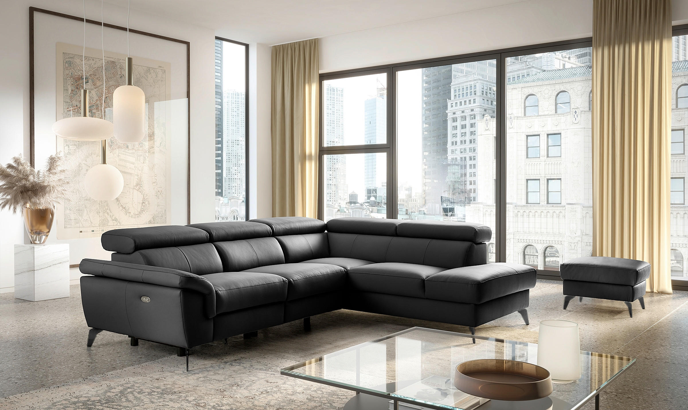 ECKSOFA SONO in Lederlook Echtleder Schwarz Bettkasten, Armteilverstellung, Kopfteilverstellung  265/210 cm  - Schwarz, Design, Leder/Textil (265/210cm) - Livetastic