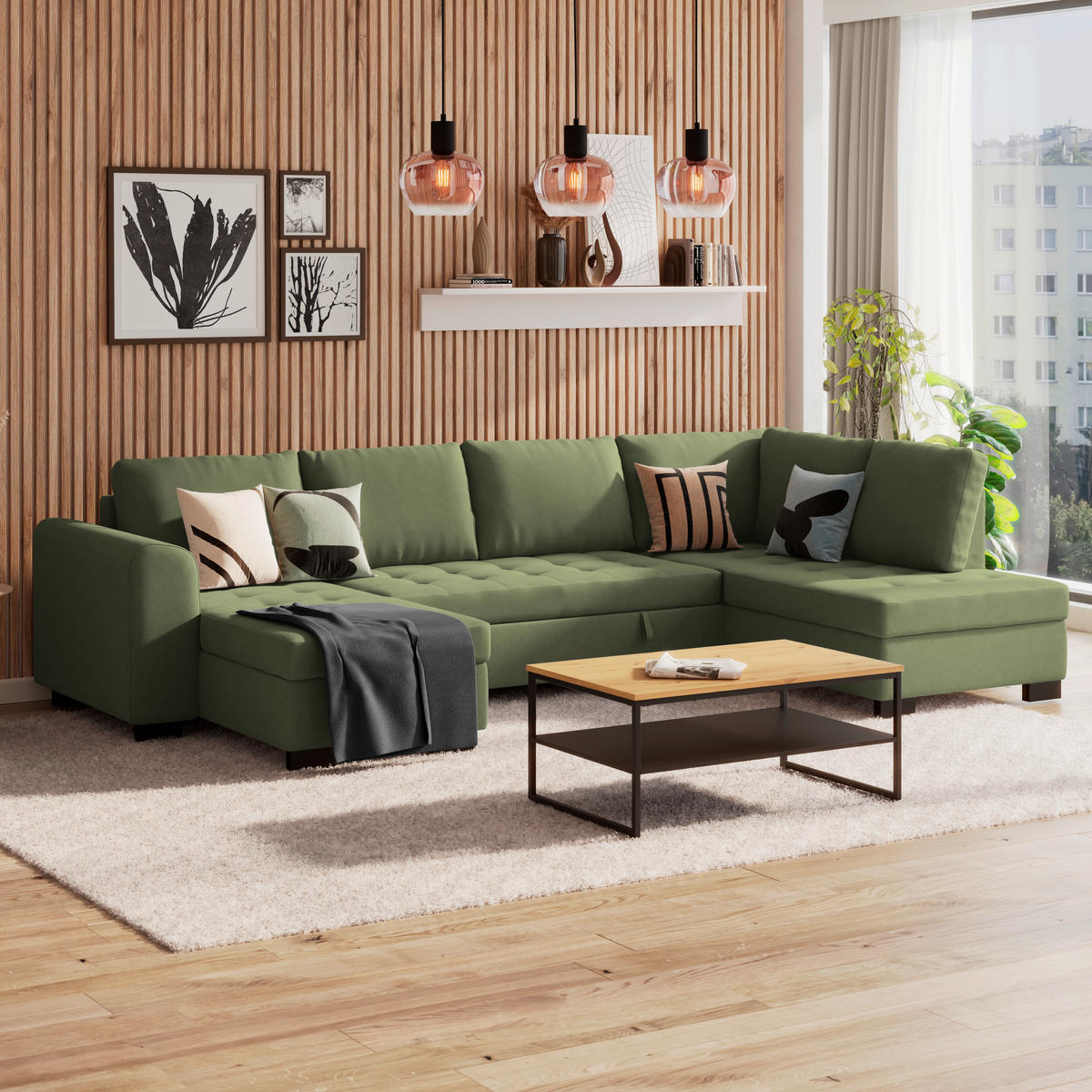 WOHNLANDSCHAFT Grün Mikrofaser  - Schwarz/Grau, MODERN, Kunststoff/Textil (155/305/178cm) - P & B