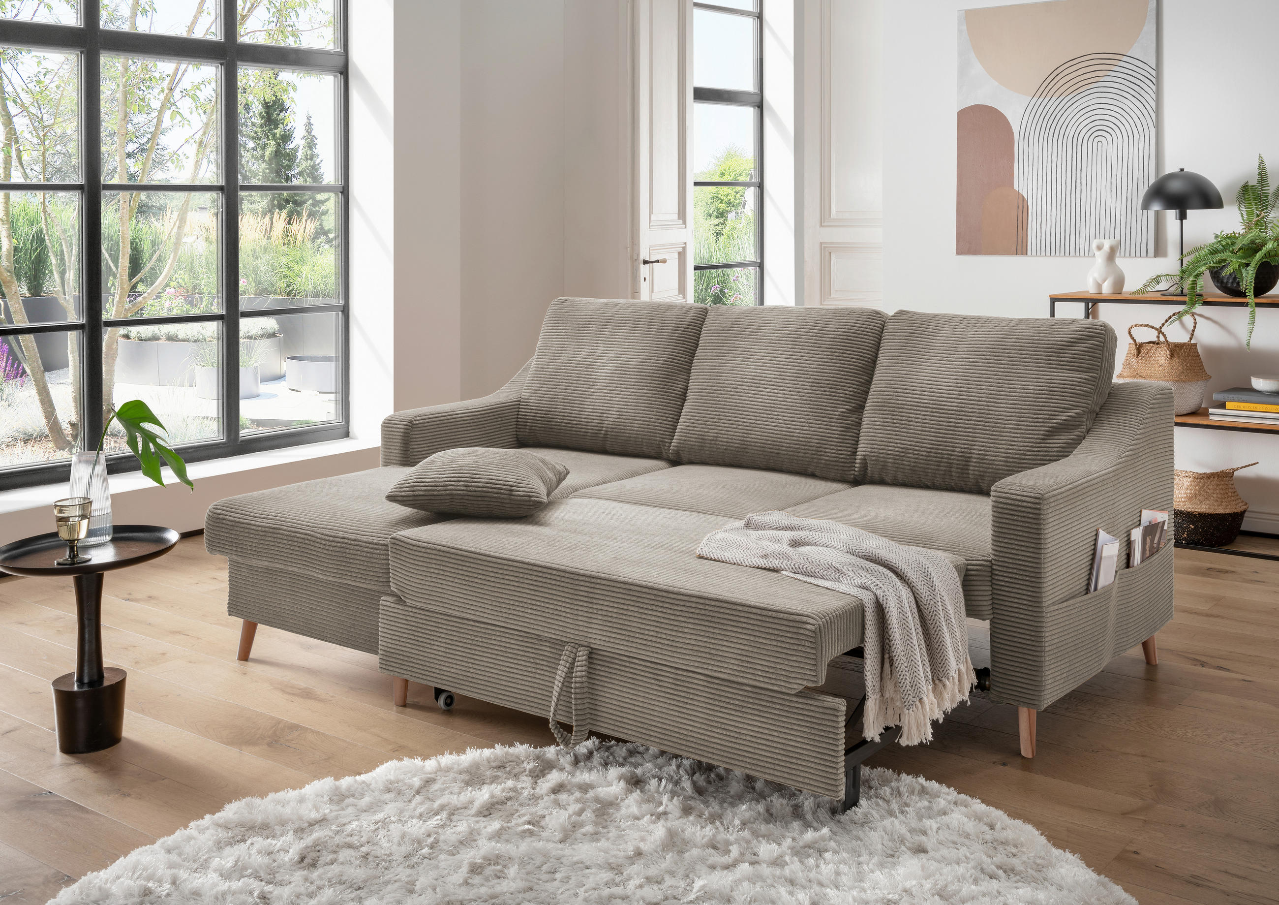 ECKSOFA Graubraun Cord  - Graubraun/Naturfarben, Design, Holz/Textil (150/228cm) - P & B