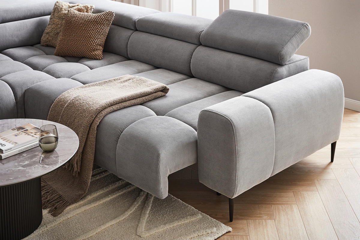 WOHNLANDSCHAFT Grau Cord  - Schwarz/Grau, MODERN, Textil/Metall (216/300cm) - Welnova