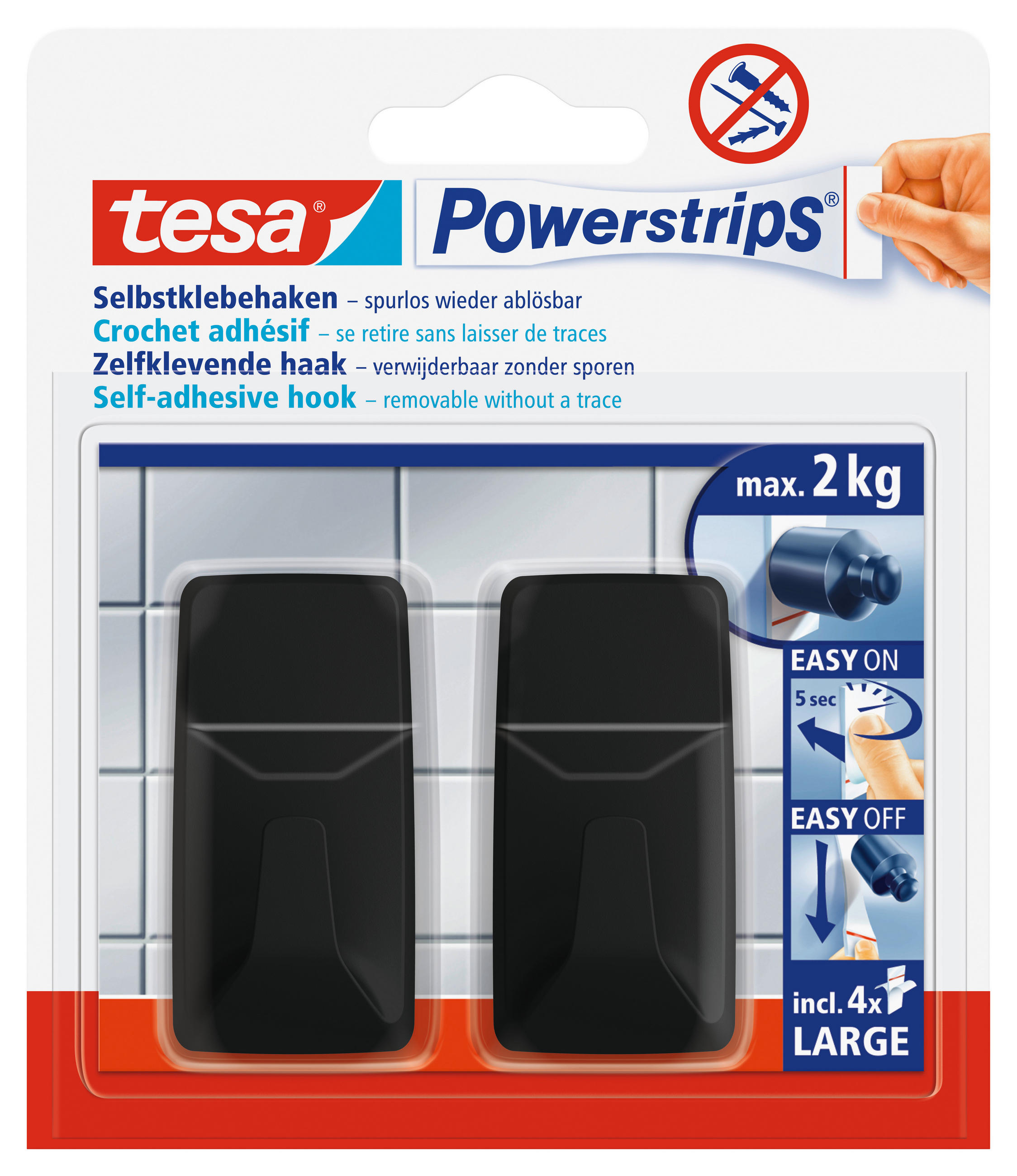KLEBEHAKEN 2 Stück  in Schwarz  - Schwarz, Basics, Kunststoff (2,1/3,9/1,6cm) - Tesa
