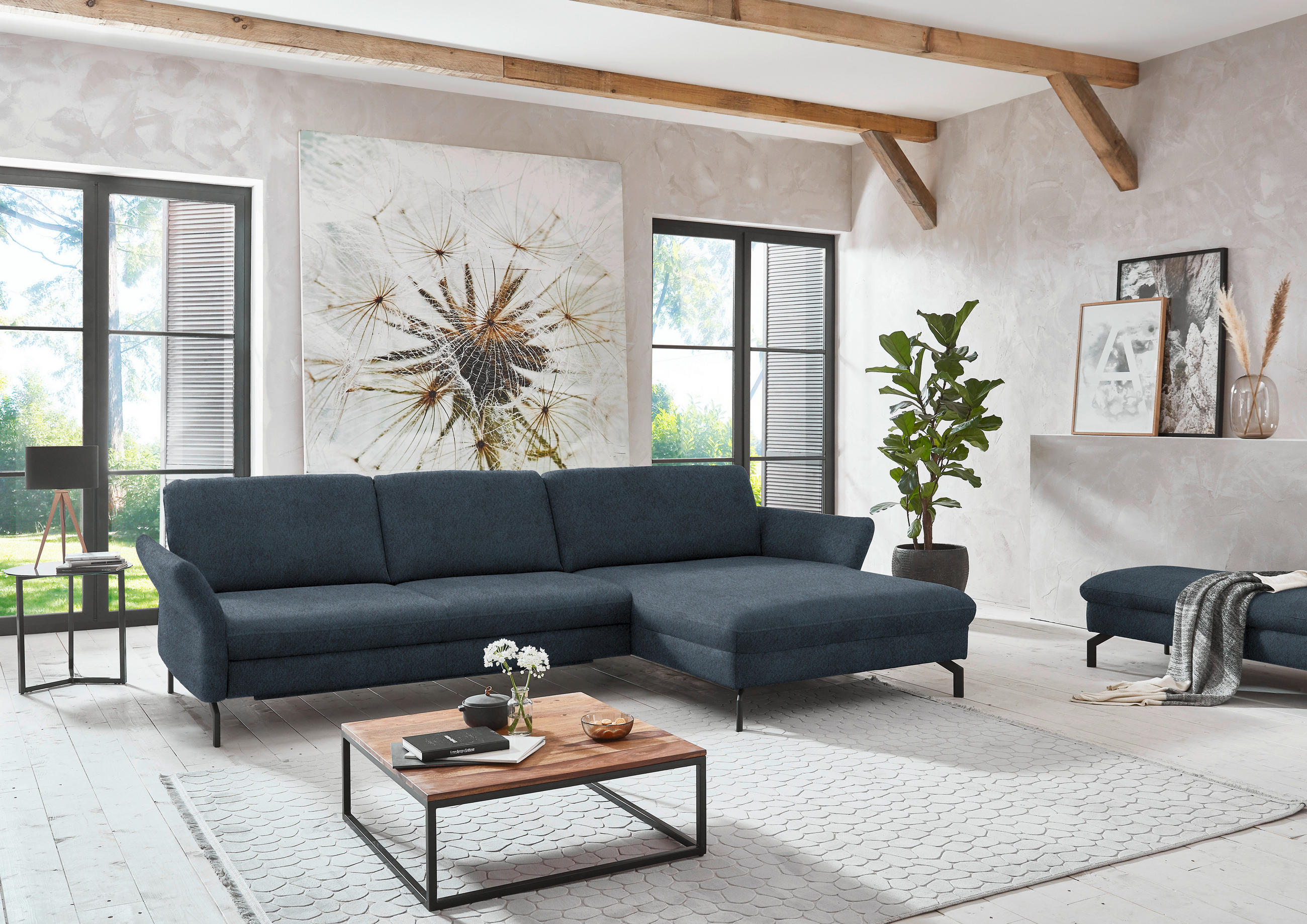ECKSOFA in Velours Blaugrau  - Blaugrau/Schwarz, Design, Textil/Metall (306/179cm) - Beldomo System