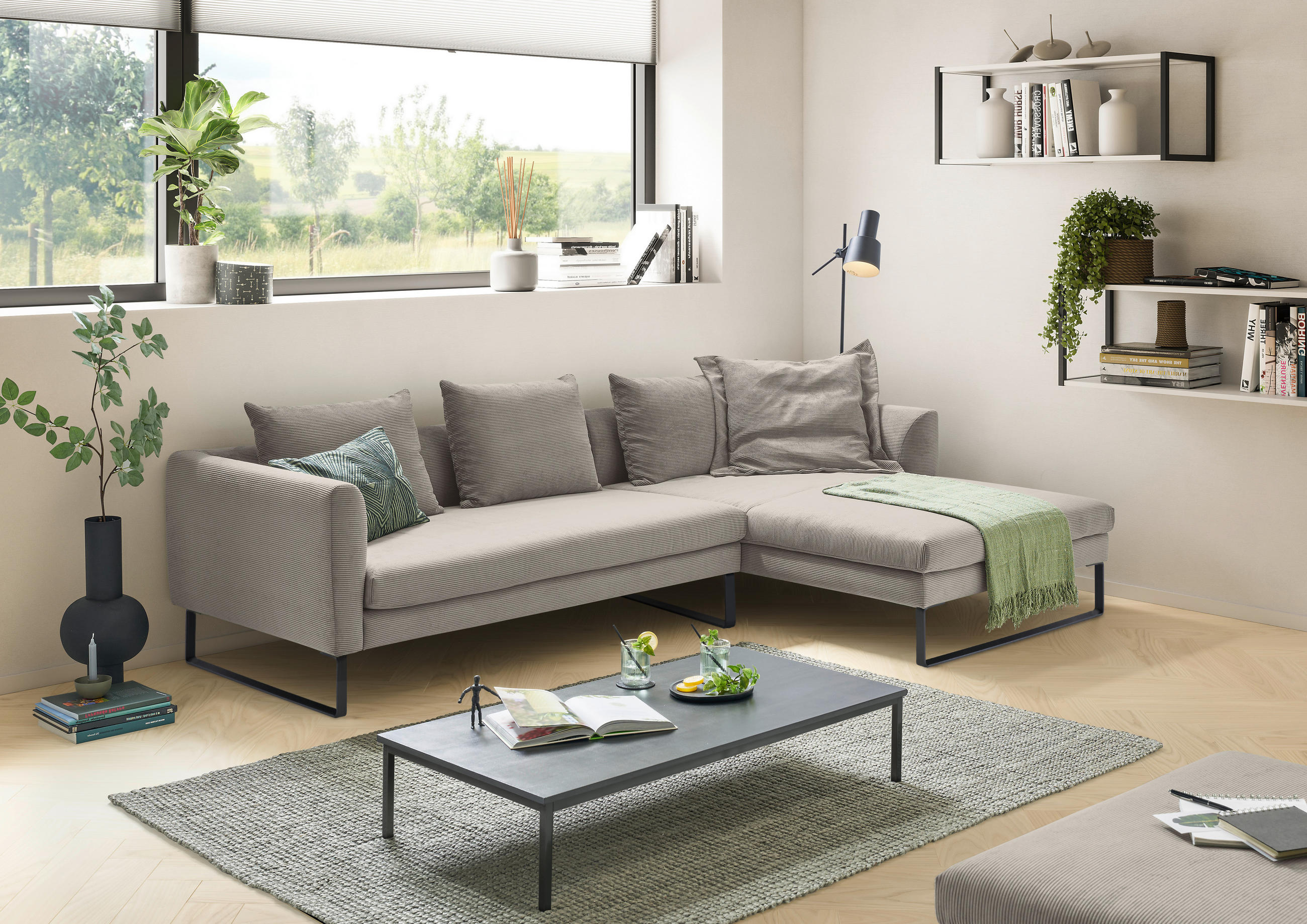 ECKSOFA Sandfarben Feincord  - Sandfarben/Schwarz, KONVENTIONELL, Textil/Metall (284/178cm) - Hom`in