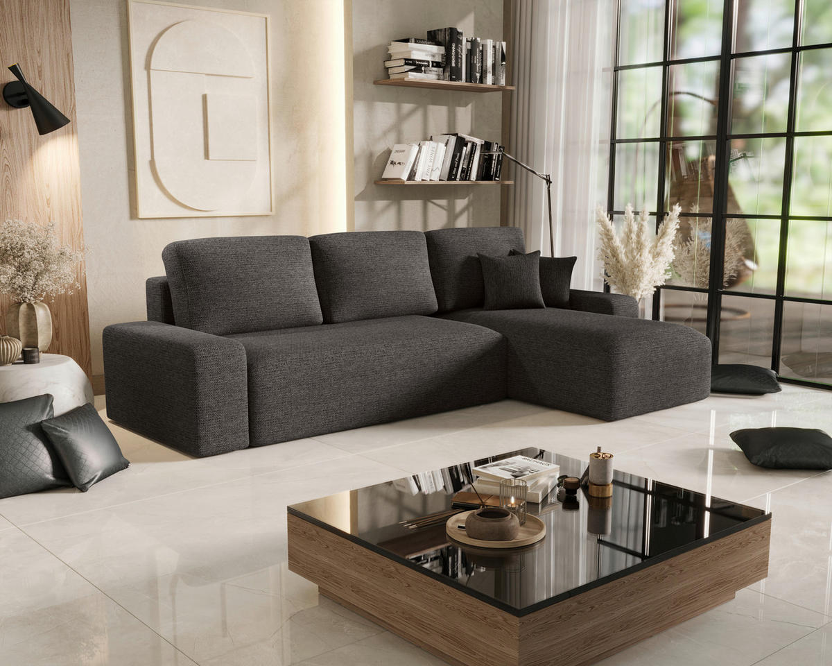 ECKSOFA Anthrazit Bouclé Zierkissen, Rückenkissen, Bettkasten, Schlaffunktion, Rücken echt, Stauraum  - Anthrazit/Schwarz, MODERN, Kunststoff/Textil (248/143cm) - Xora
