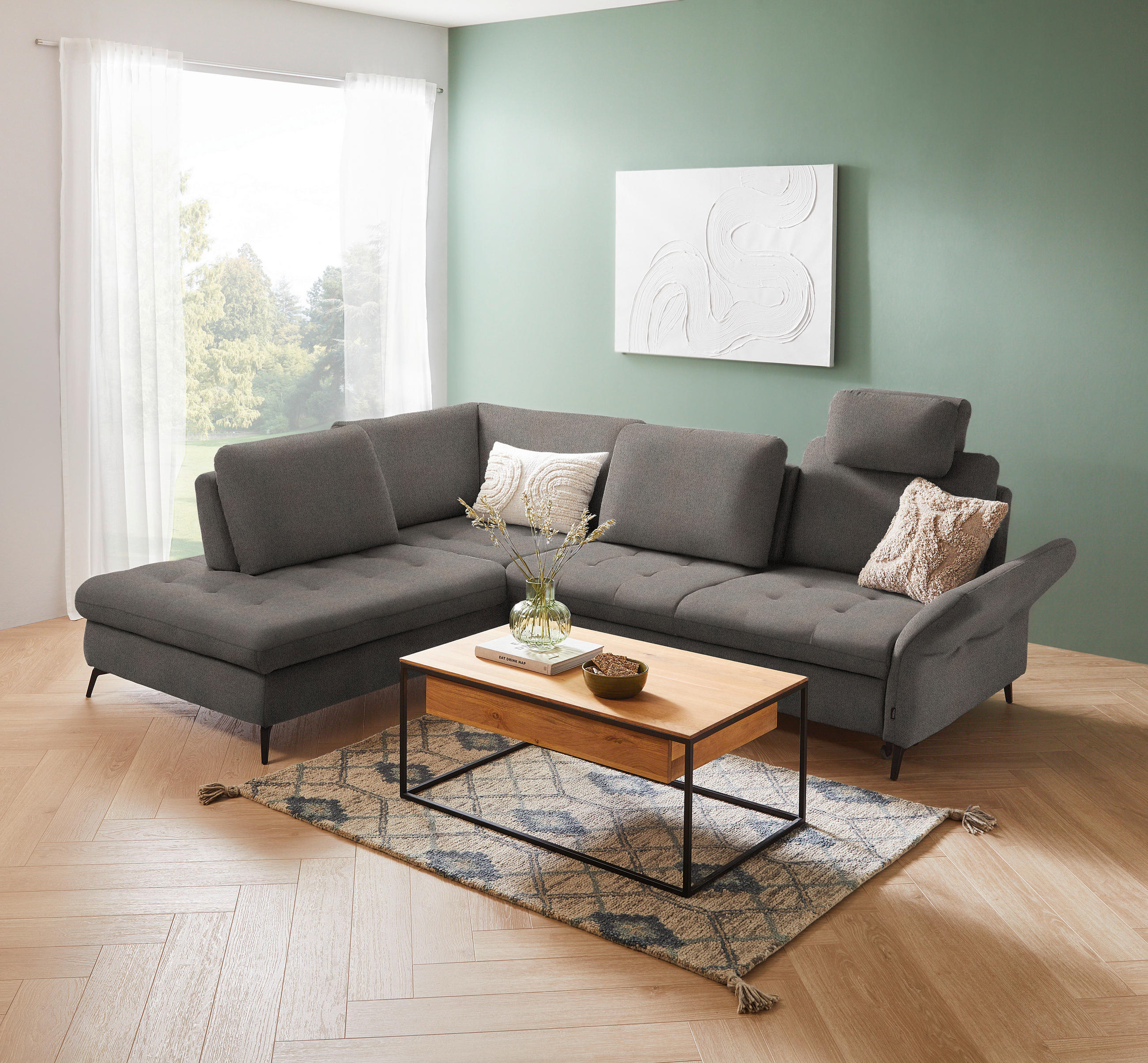 ECKSOFA Greige Flachgewebe  - Greige/Schwarz, Natur, Textil/Metall (233/288cm) - Valnatura