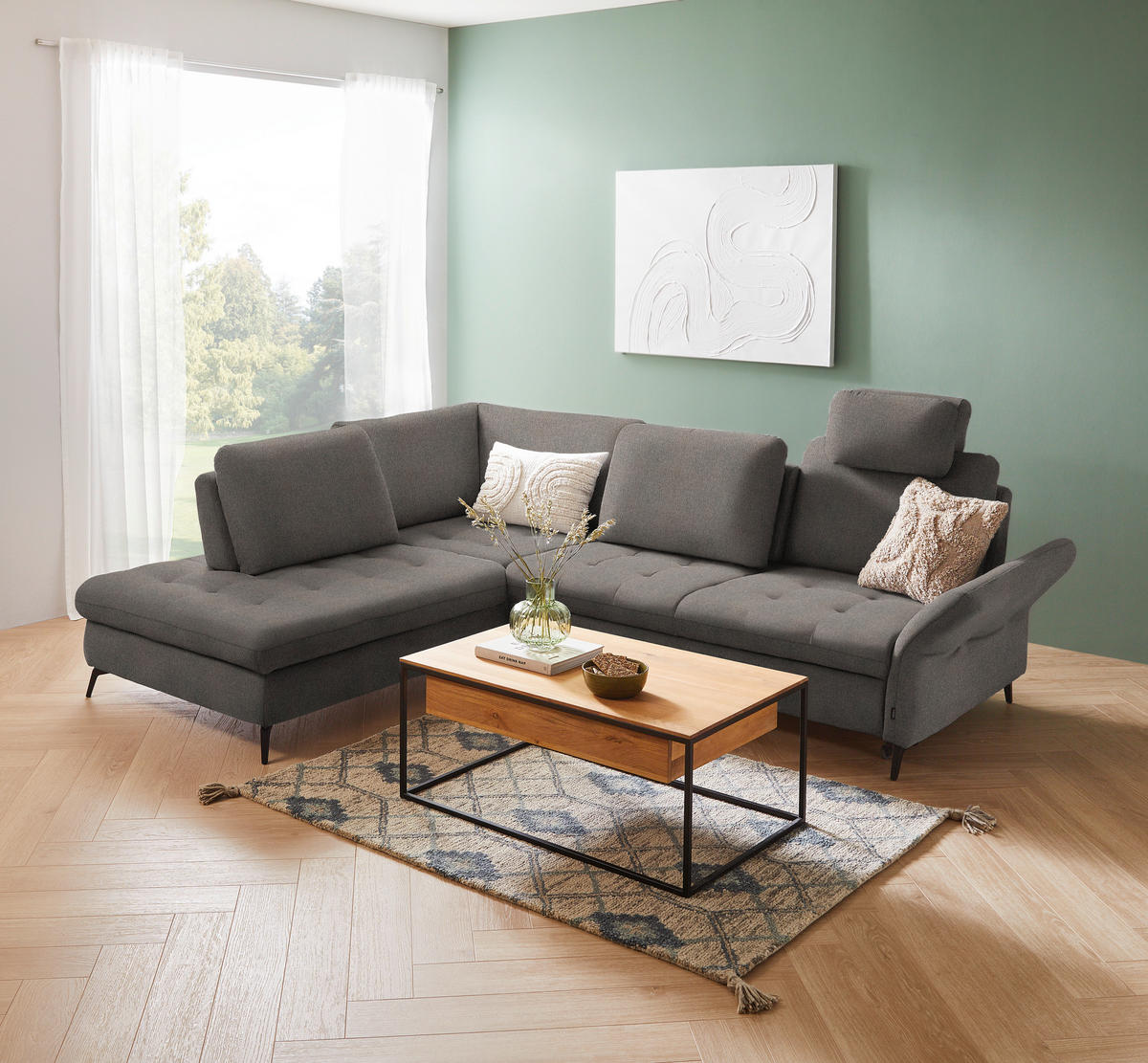 ECKSOFA Greige Flachgewebe  - Greige/Schwarz, Natur, Textil/Metall (233/288cm) - Valnatura
