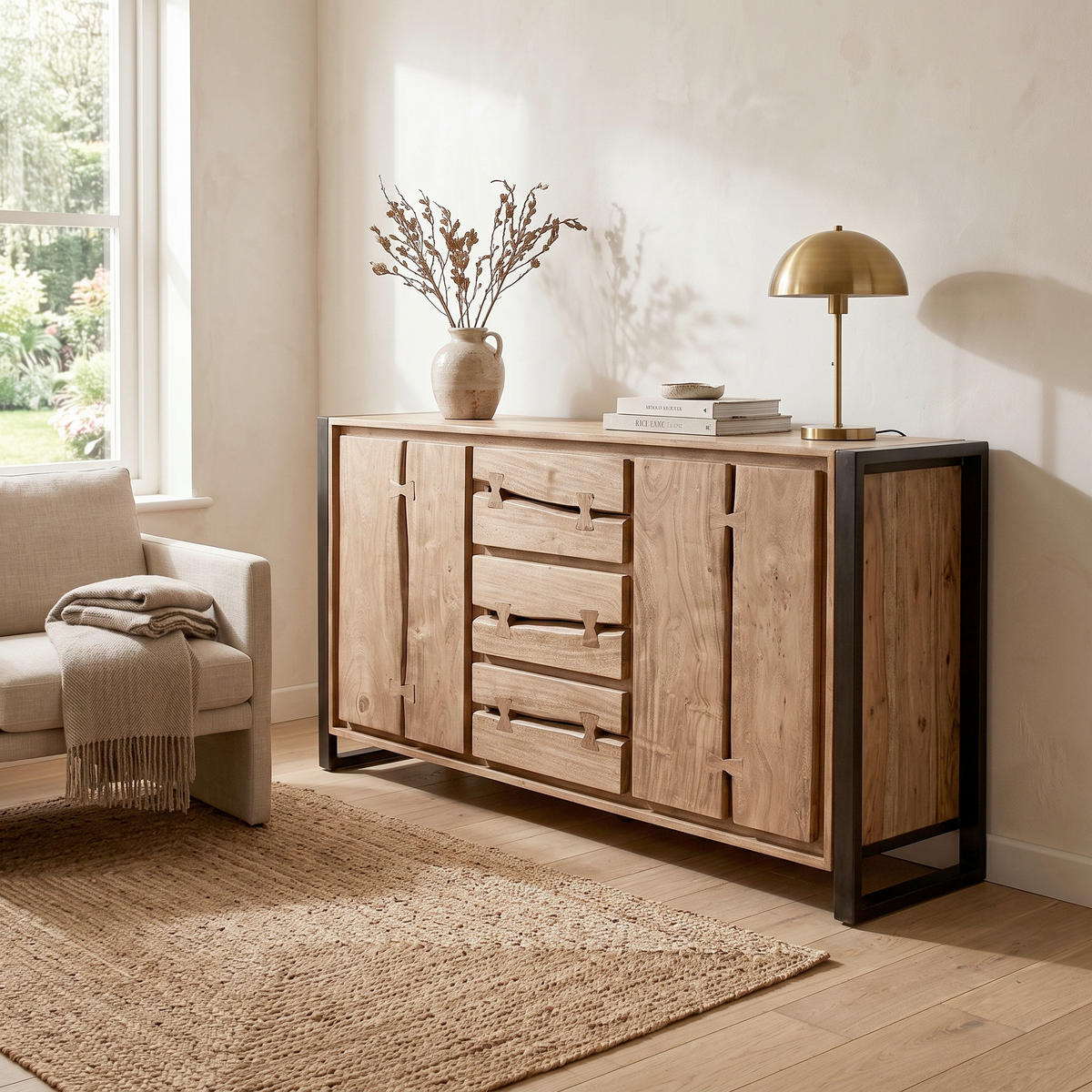 SIDEBOARD  200/80/40 cm 3 Schublade(n)  - Schwarz/Naturfarben, Design, Holz/Metall (200/80/40cm) - MID.YOU