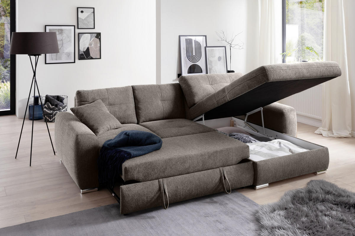 ECKSOFA in Mikrofaser Taupe  - Taupe/Chromfarben, Modern, Kunststoff/Textil (276/193cm) - Hom`in