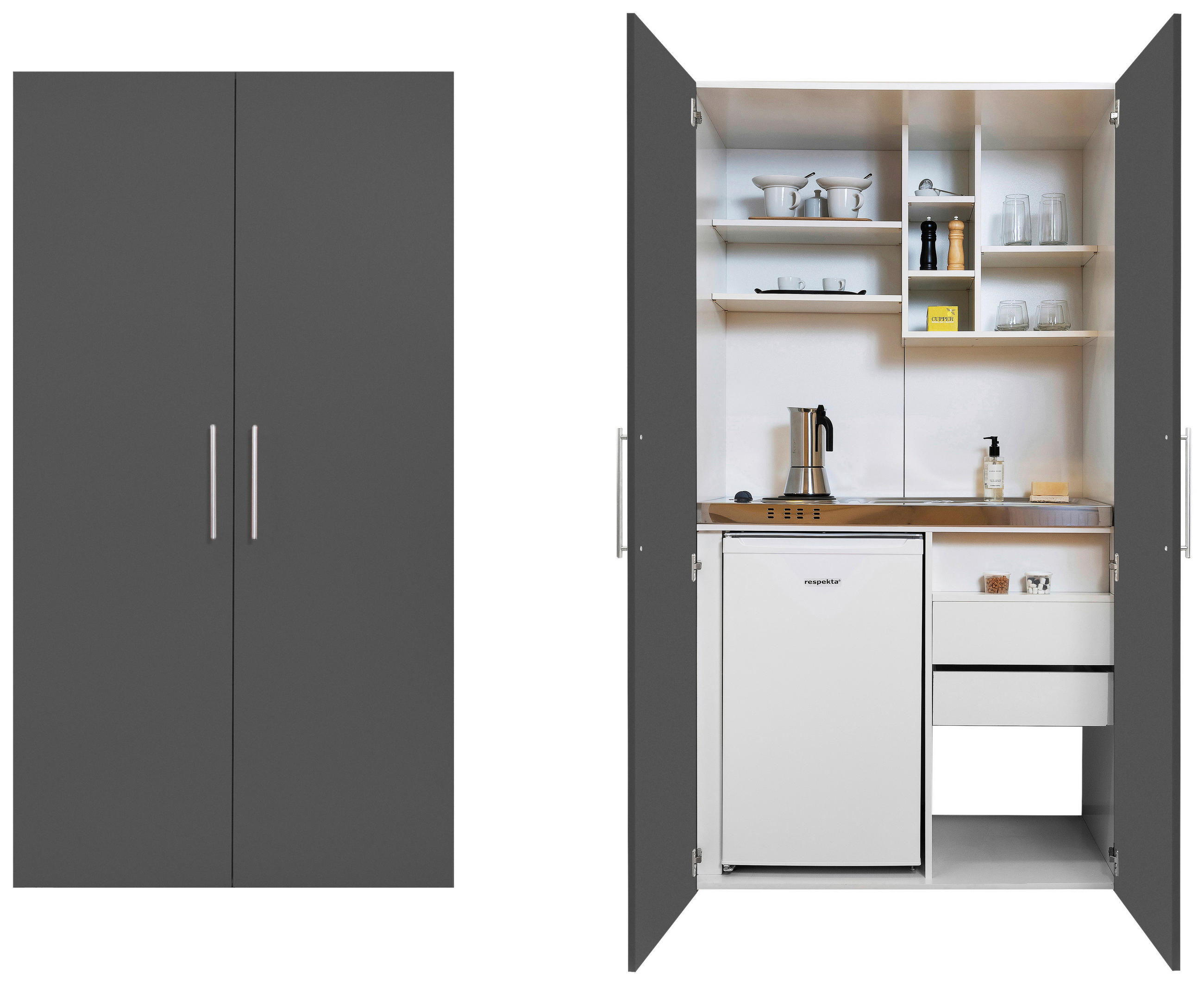 SCHRANKKÜCHE 104/193/67 cm in Grau, Weiss - Weiss/Edelstahlfarben, Modern, Holzwerkstoff/Metall (104/193/67cm) - Respekta