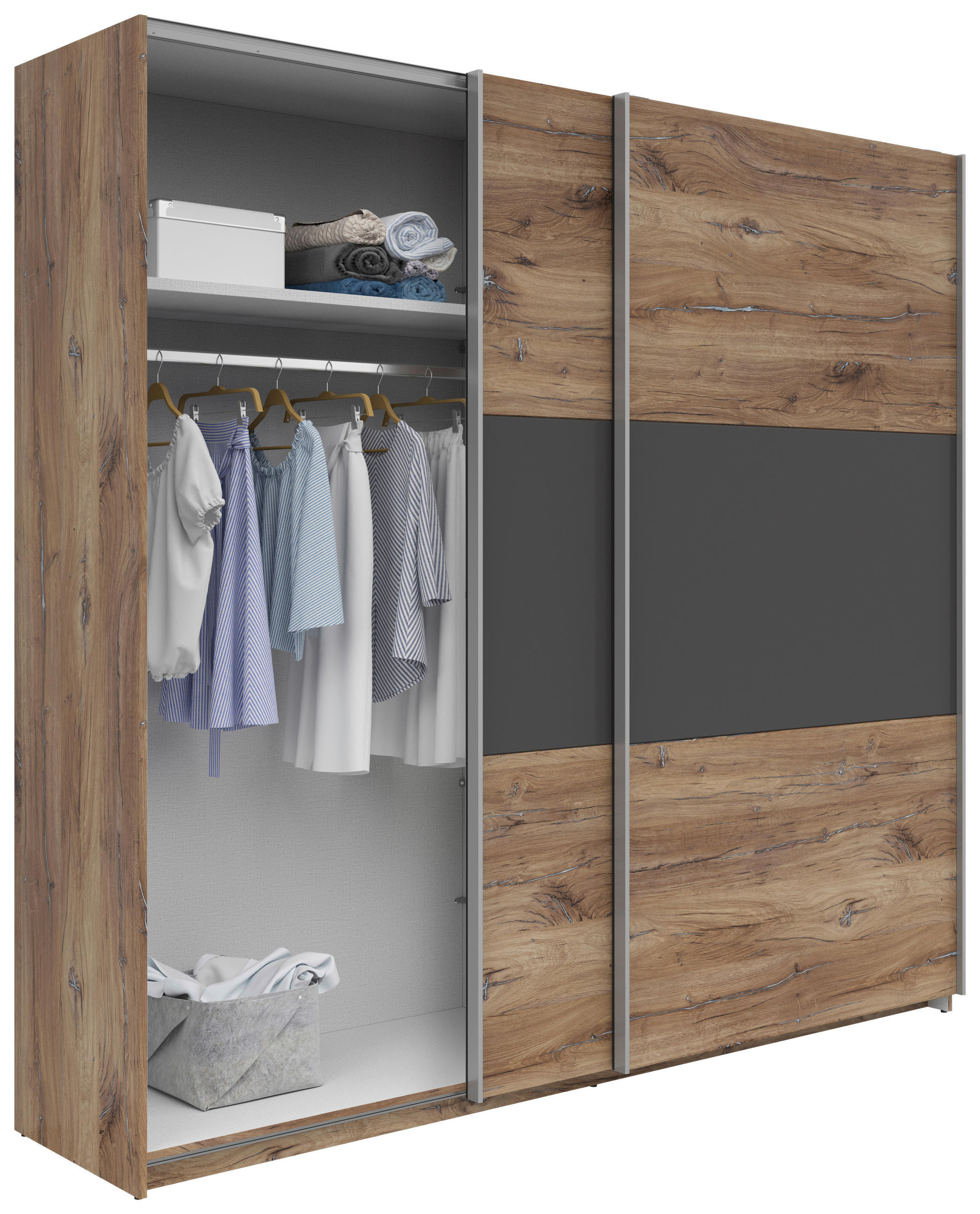 SCHWEBETÜRENSCHRANK 218/210/59 cm 2-türig Graphitfarben, Eiche dunkel  - Eiche dunkel/Eichefarben, KONVENTIONELL, Holzwerkstoff/Metall (218/210/59cm)