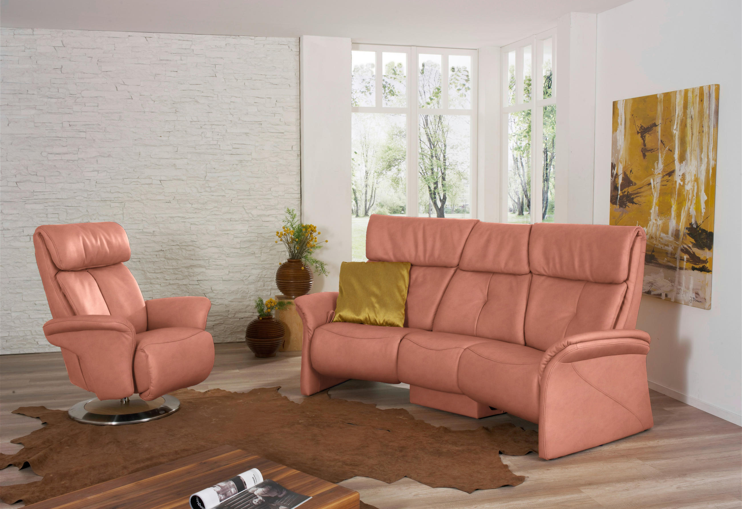 TRAPEZSOFA in Echtleder Koralle  - Koralle/Naturfarben, KONVENTIONELL, Leder/Holz (208/103/105cm) - Himolla Komfortklass