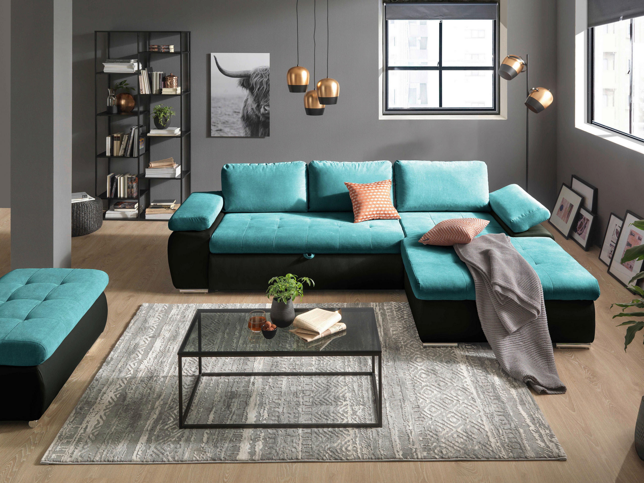 ECKSOFA in Flachgewebe Schwarz, Türkis  - Türkis/Schwarz, Design, Kunststoff/Textil (271/175cm) - MID.YOU