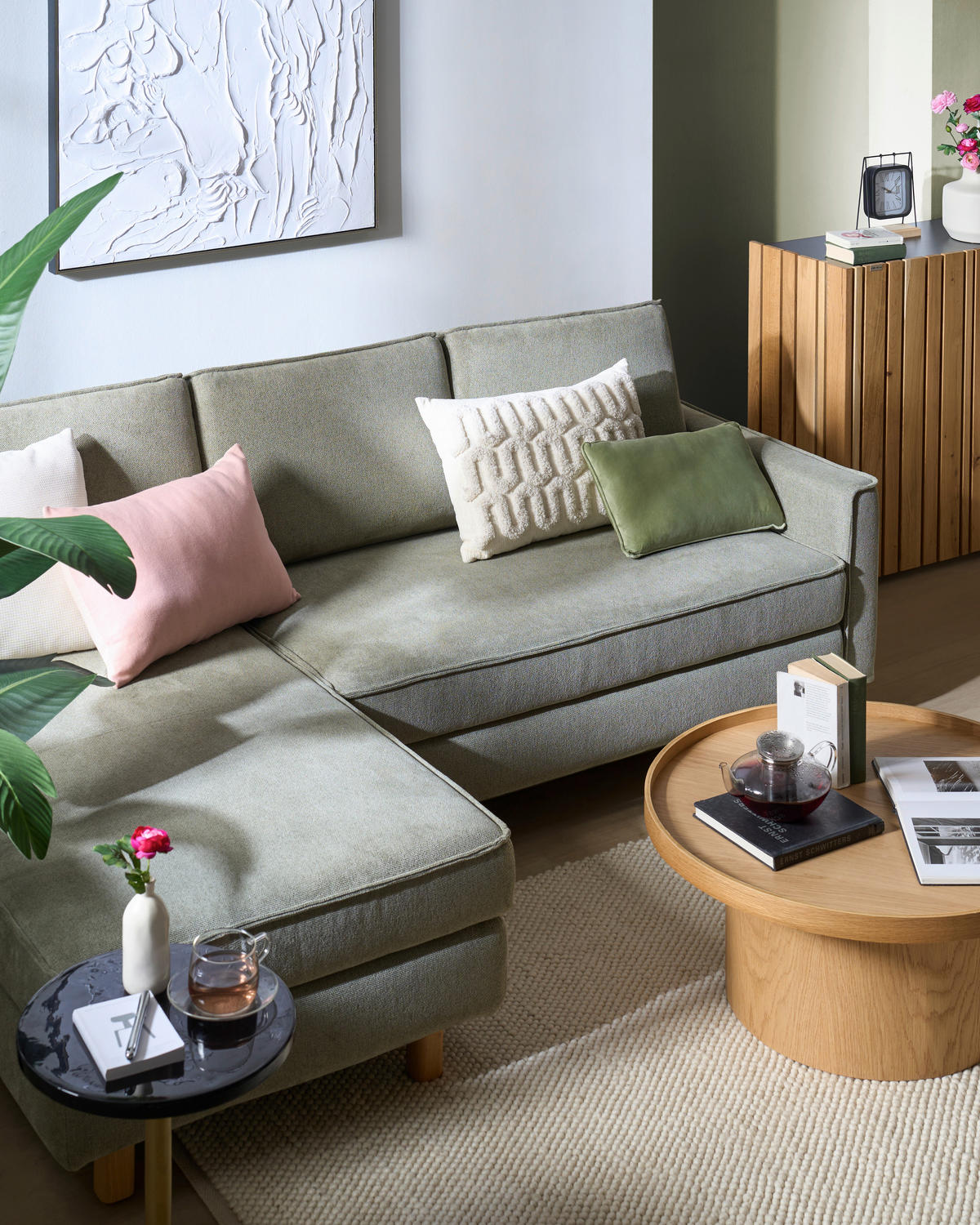 ECKSOFA Olivgrün Chenille  - Eichefarben/Olivgrün, KONVENTIONELL, Holz/Textil (170/237cm) - Sedda