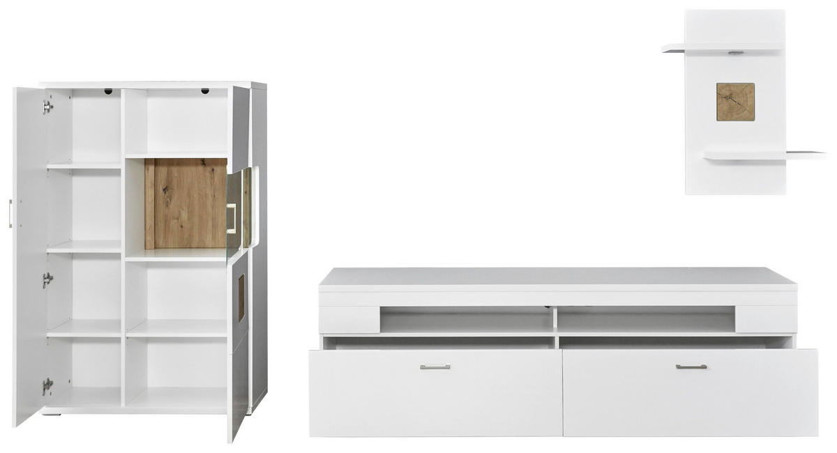 WOHNWAND  in Weiß, Eichefarben, Weiß Hochglanz  317,1/171/50,2 cm  - Eichefarben/Weiß Hochglanz, Design, Glas/Holzwerkstoff (317,1/171/50,2cm) - Xora