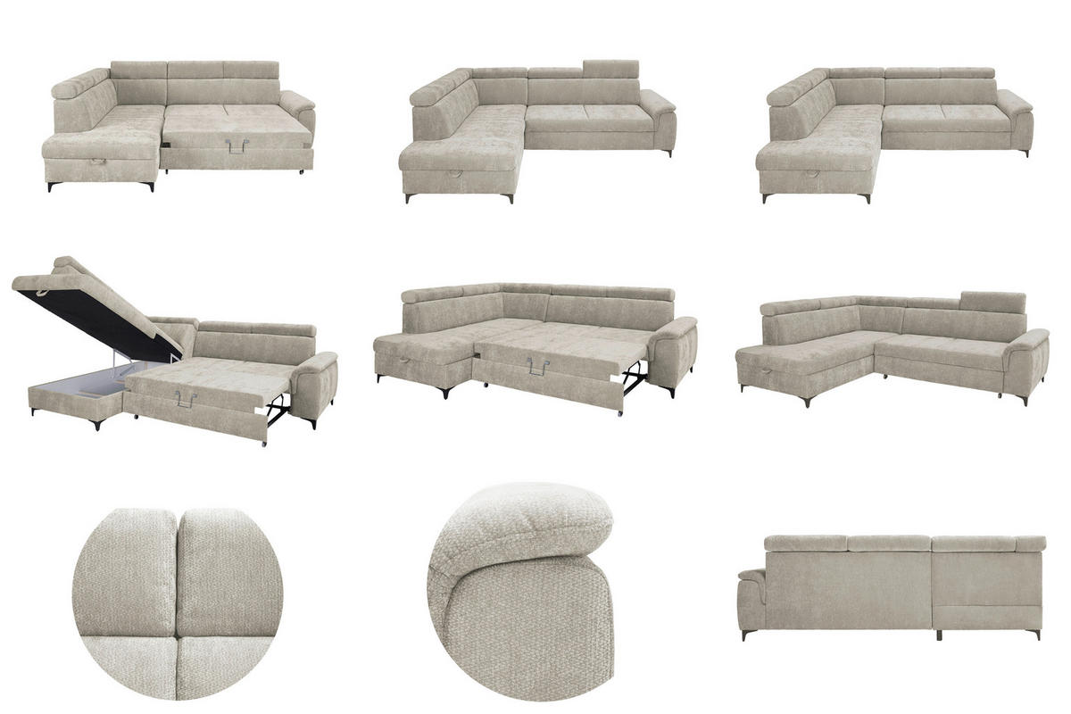 ECKSOFA Naturfarben Chenille Bettkasten, Schlaffunktion, Rücken echt, Kopfteilverstellung, Liegefläche im Originalstoff  - Schwarz/Naturfarben, KONVENTIONELL, Textil/Metall (206/265cm) - Carryhome