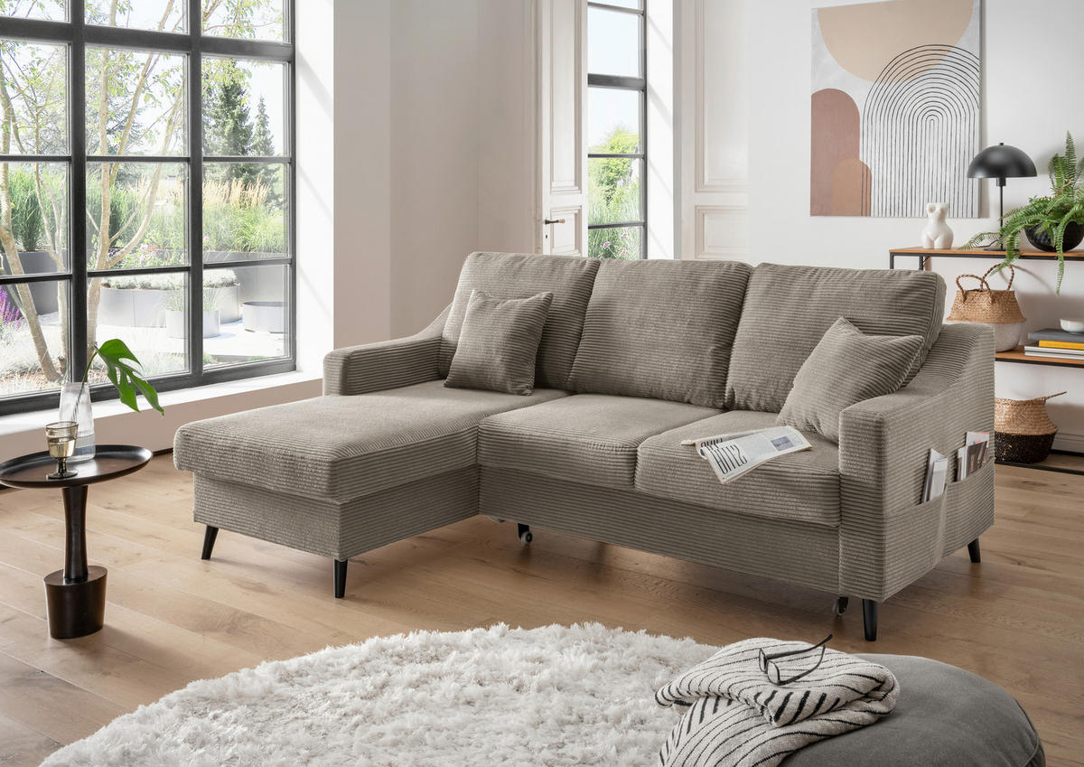 ECKSOFA Graubraun Cord  - Graubraun/Schwarz, Design, Holz/Textil (150/228cm) - P & B