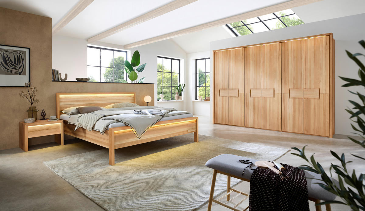 BETT 180/200 cm,  in Naturfarben, Kernbuche, Beleuchtung,  - Naturfarben/Kernbuche, MODERN, Holz (180/200cm) - MID.YOU