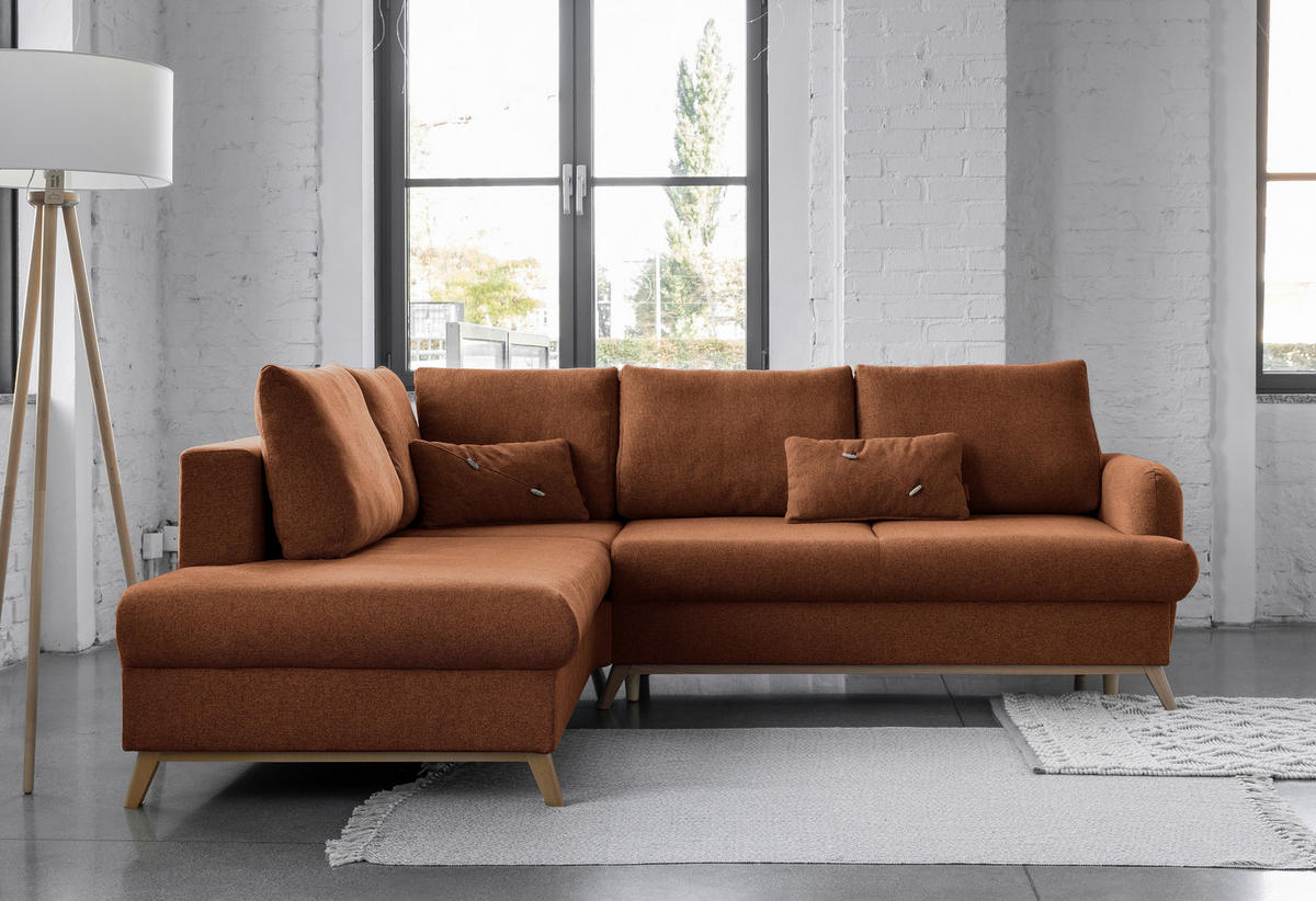 ECKSOFA in Chenille Terracotta  - Terracotta/Naturfarben, Holz/Textil (202/242cm) - MID.YOU