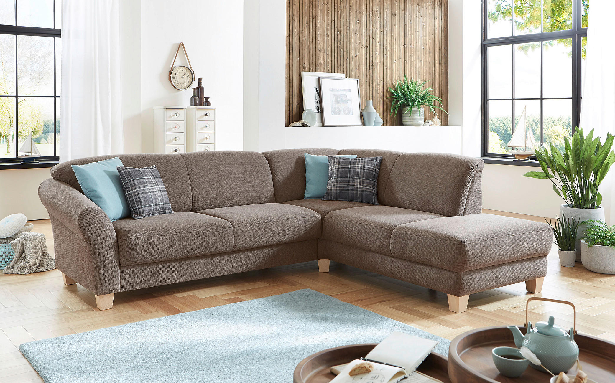 ECKSOFA Taupe Flachgewebe Bettkasten, Sitztiefenverstellung  - Taupe/Naturfarben, KONVENTIONELL, Holz/Textil (257/212cm) - Sit & More