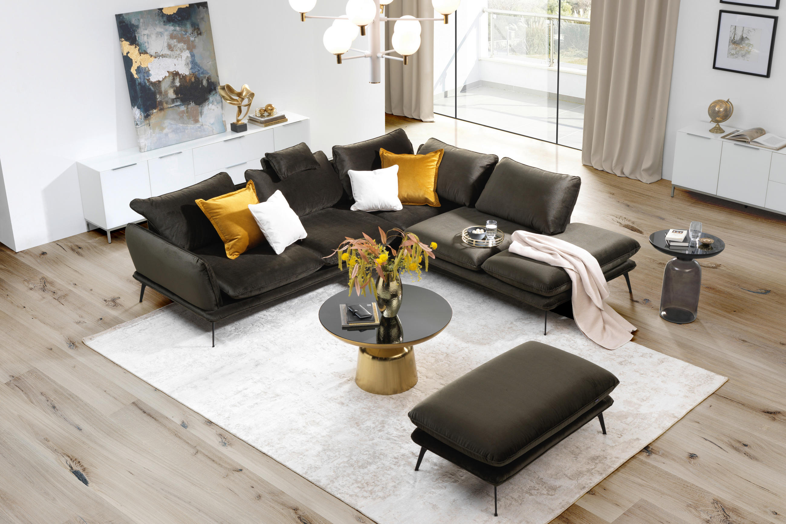 HÖRNSOFFA i velour mörkgrön  - svart/mörkgrön, Design, metall/textil (285/252cm) - Best Price