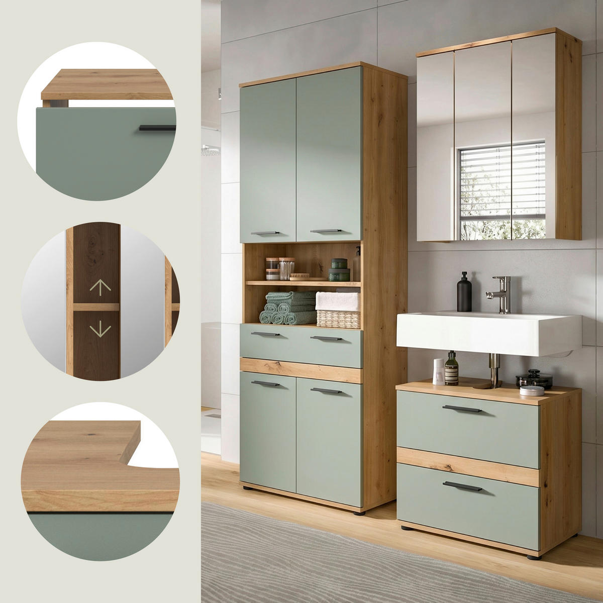 BADEZIMMER 3-teilig  in 145 cm  - Salbeigrün/Schwarz, Trend, Glas/Holzwerkstoff (145cm) - MID.YOU