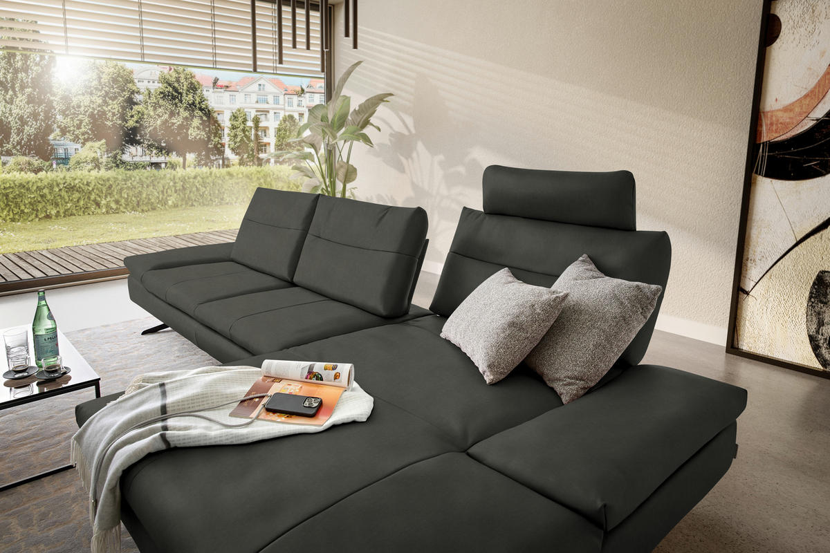 ECKSOFA in Echtleder Graphitfarben  - Schwarz/Graphitfarben, Modern, Leder/Metall (342/158cm) - Chilliano