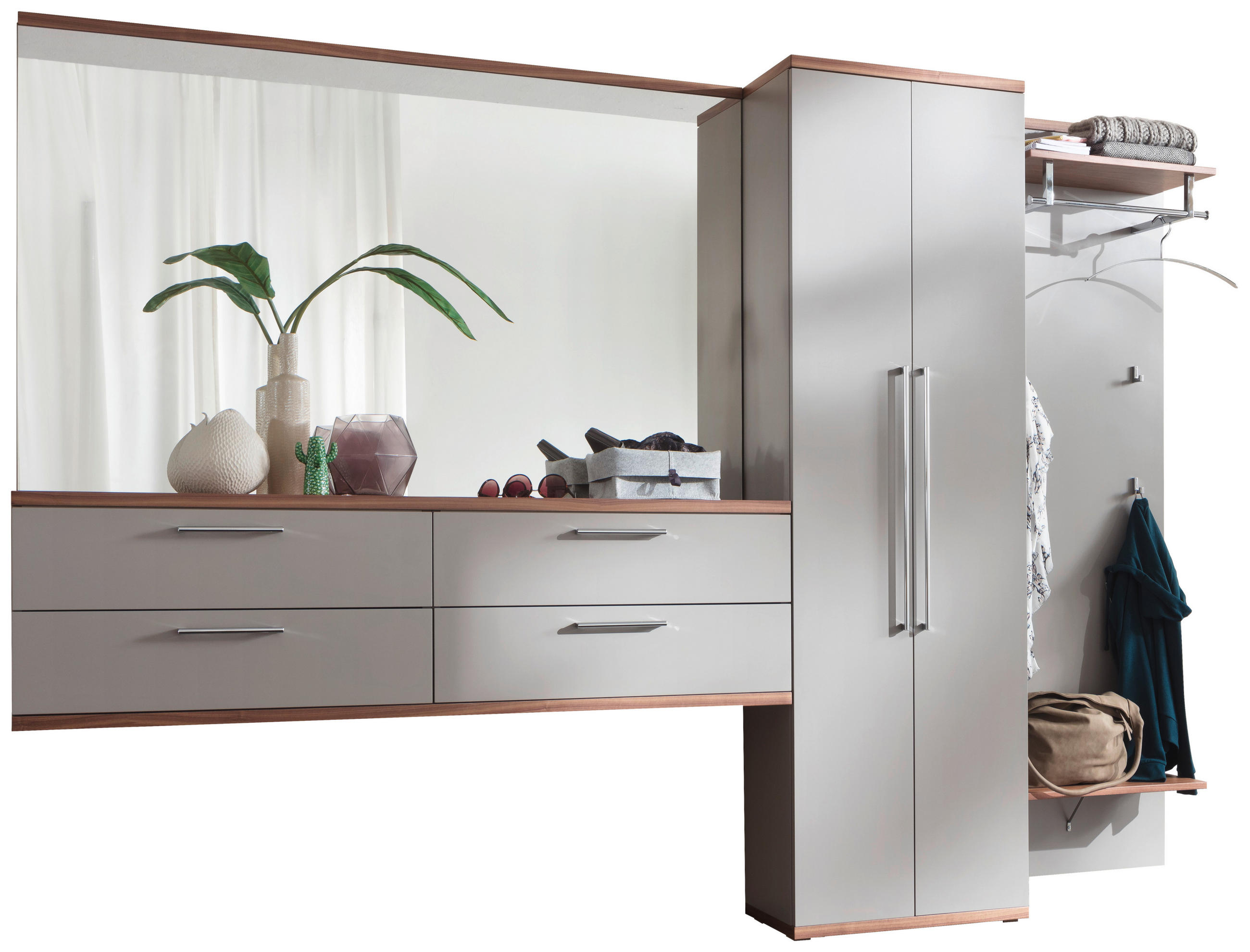 GARDEROBE Grau, Nussbaumfarben - Nussbaumfarben/Grau, Design, Glas/Holz (281/201/35cm) - Cassando