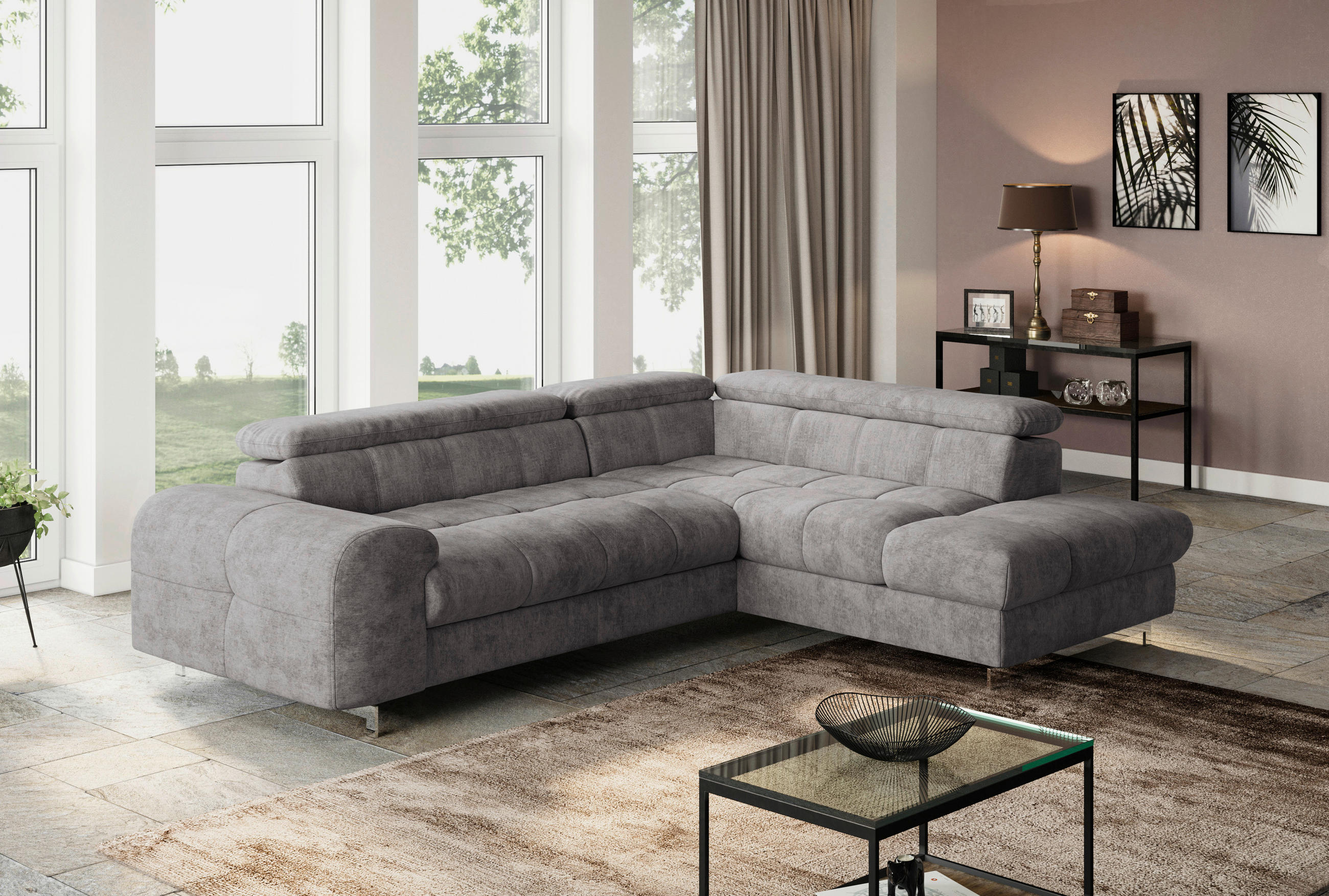ECKSOFA in Mikrofaser Graubraun  - Chromfarben/Graubraun, Konventionell, Textil/Metall (257/206cm) - Livetastic