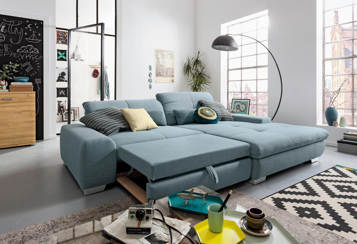 ECKSOFA Hellblau Flachgewebe  - Chromfarben/Hellblau, Design, Textil/Metall (276/198cm) - SetOne by Musterring