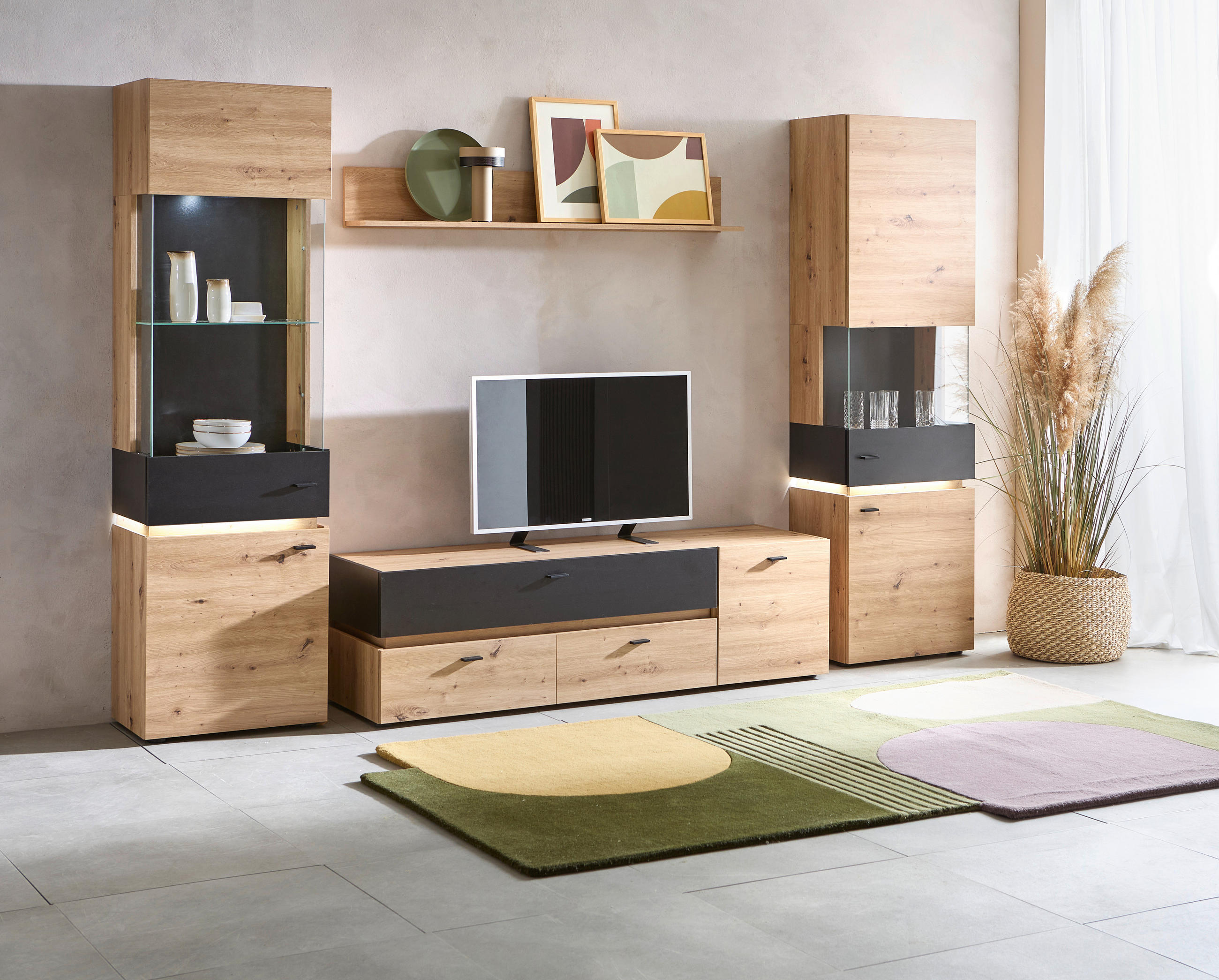 Thumbnail - Ti'me Wohnwand, Schwarz, Eiche Artisan, Kunststoff, 4 Fächer, 2 Schublade(n) Schubladen, F, 310x191x47 cm, Beleuchtung, ...