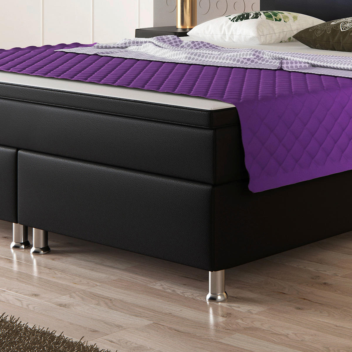 Boxspringbett mit Topper &  in Schwarz  - Silberfarben/Schwarz, KONVENTIONELL, Leder/Textil (180/115/210cm) - MID.YOU