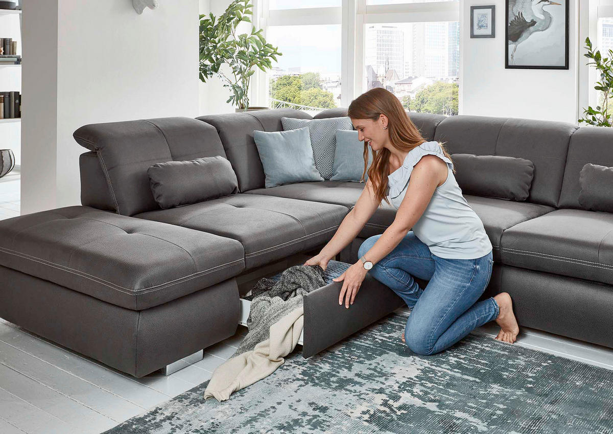 ECKSOFA Dunkelgrau Mikrofaser  - Dunkelgrau/Beige, Design, Textil/Metall (318/260cm) - Beldomo Speed