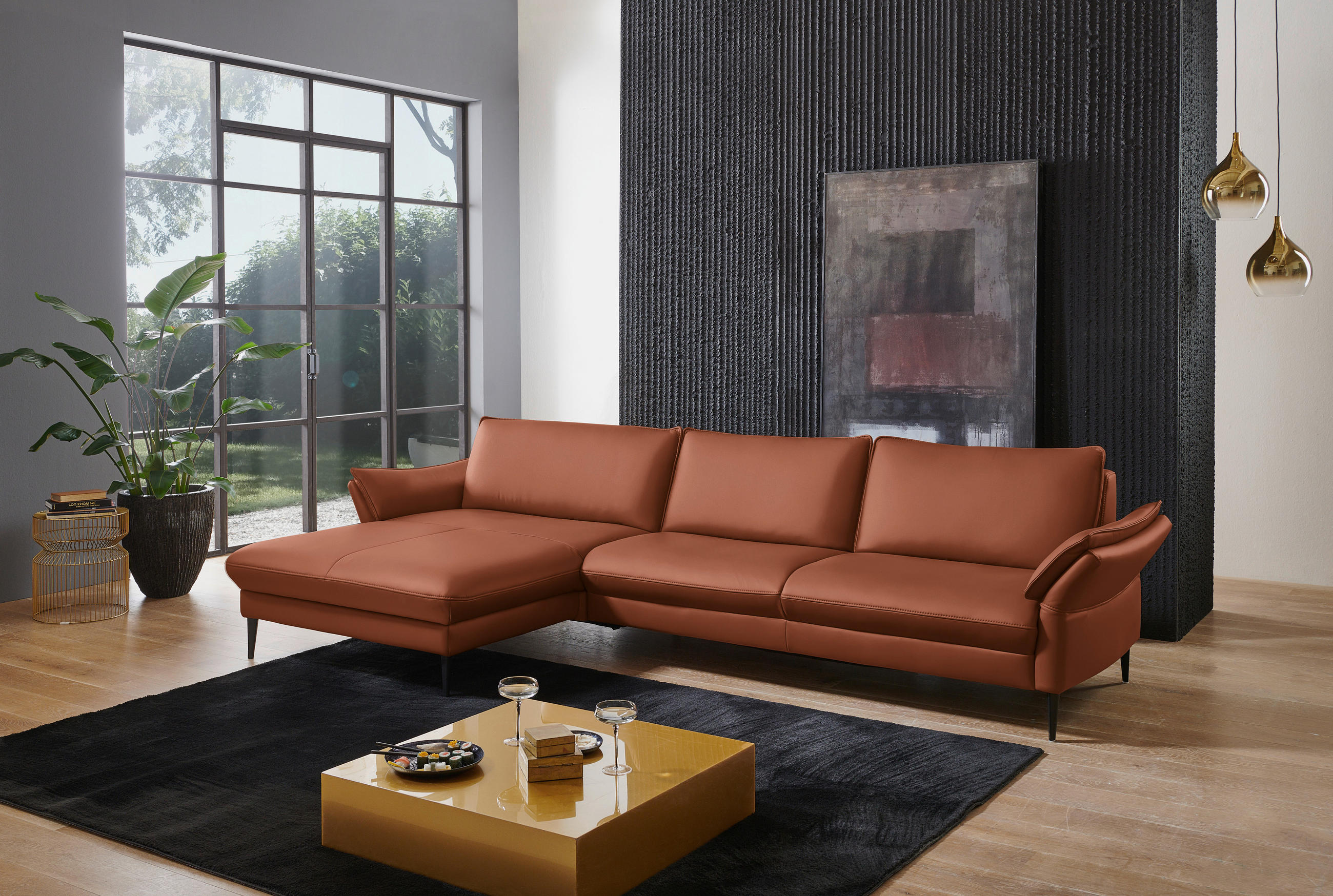 ECKSOFA in Echtleder Cognac  - Cognac/Schwarz, Design, Leder/Metall (172/334cm) - Valdera