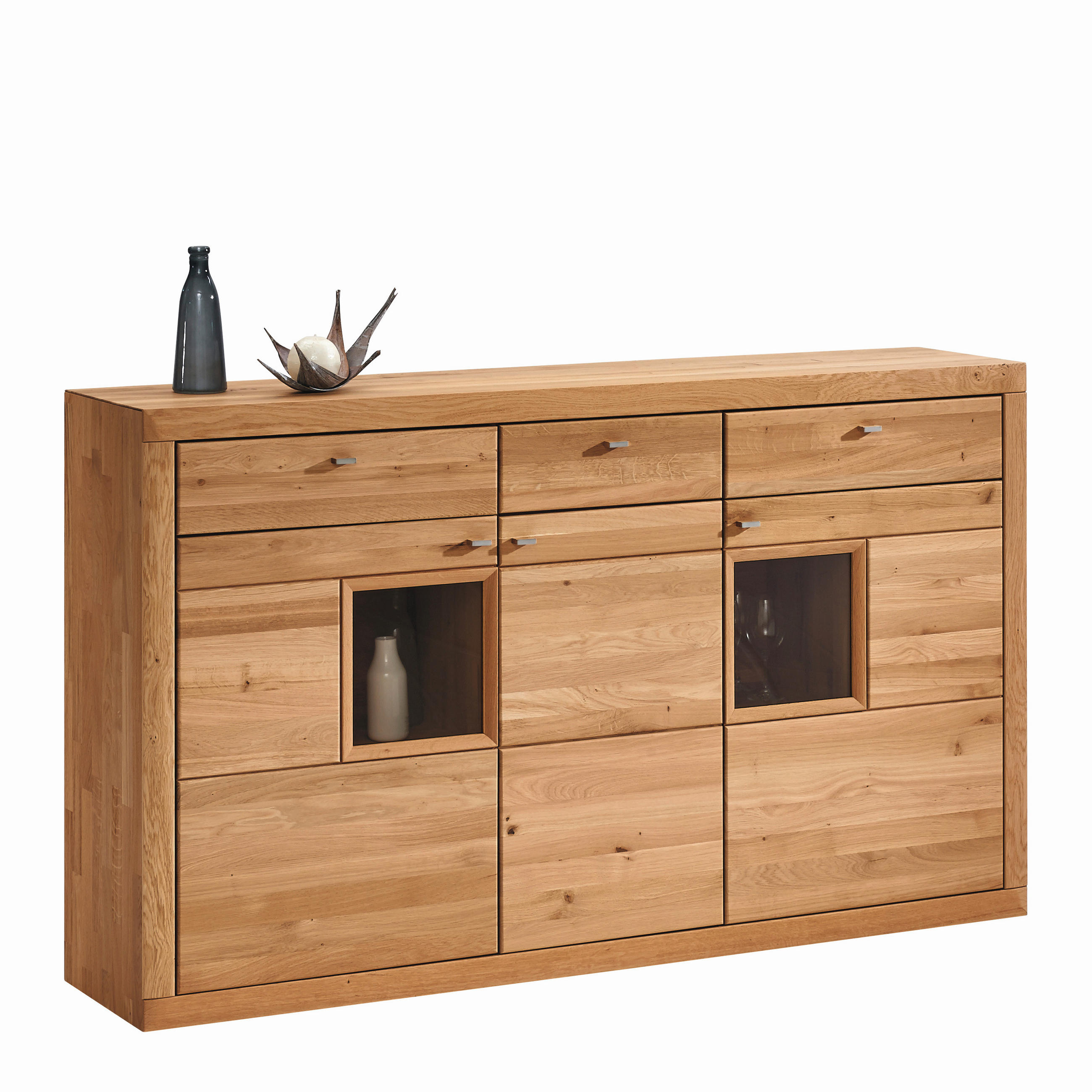 HIGHBOARD Segrino, 188,2/111,6/42,1 cm, 3 Schublade(n)  - Edelstahlfarben/Eichefarben, Natur, Glas/Holz (188,2/111,6/42,1cm) - Valdera