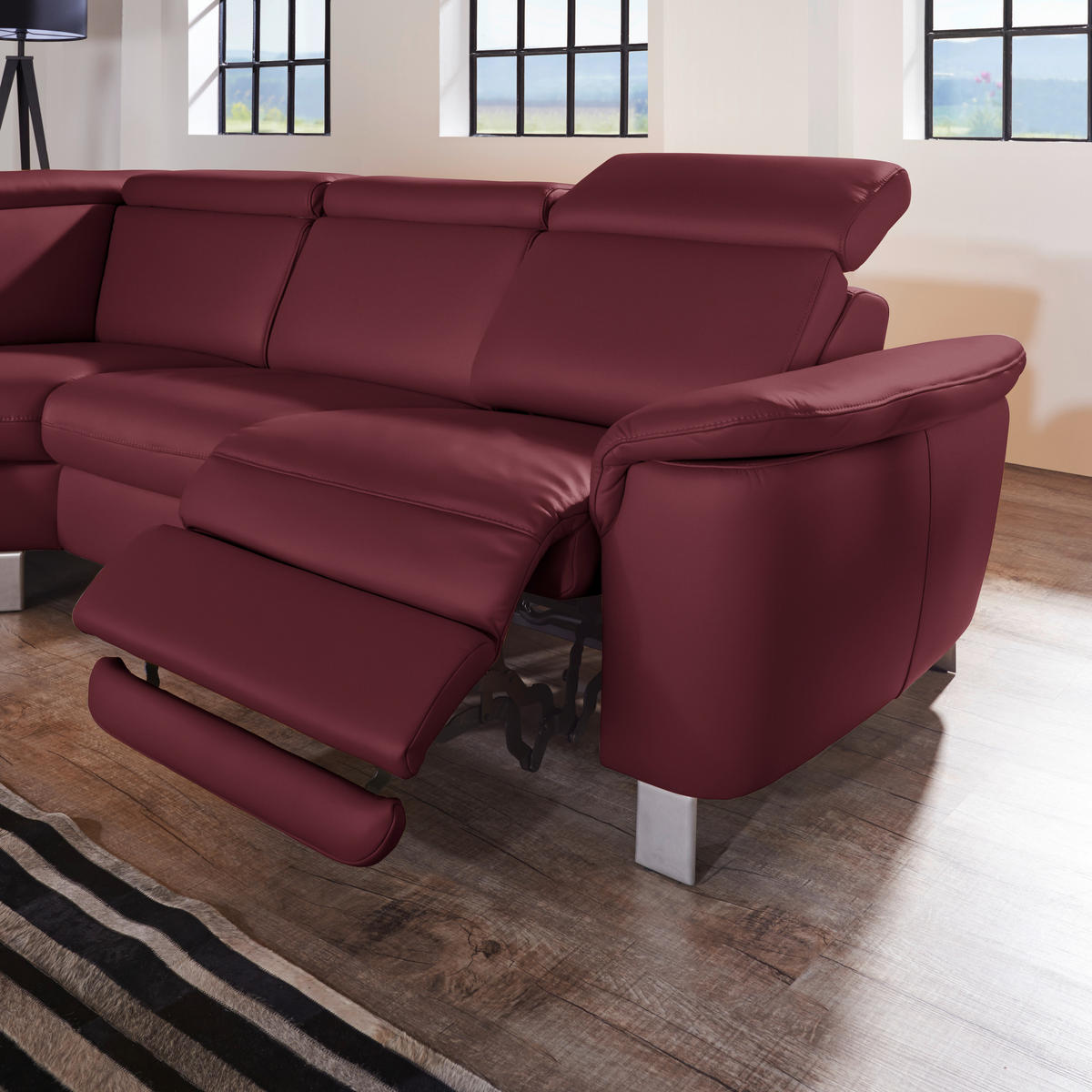 ECKSOFA in Echtleder Weinrot  - Weinrot/Alufarben, Design, Leder/Metall (239/271cm) - Cantus