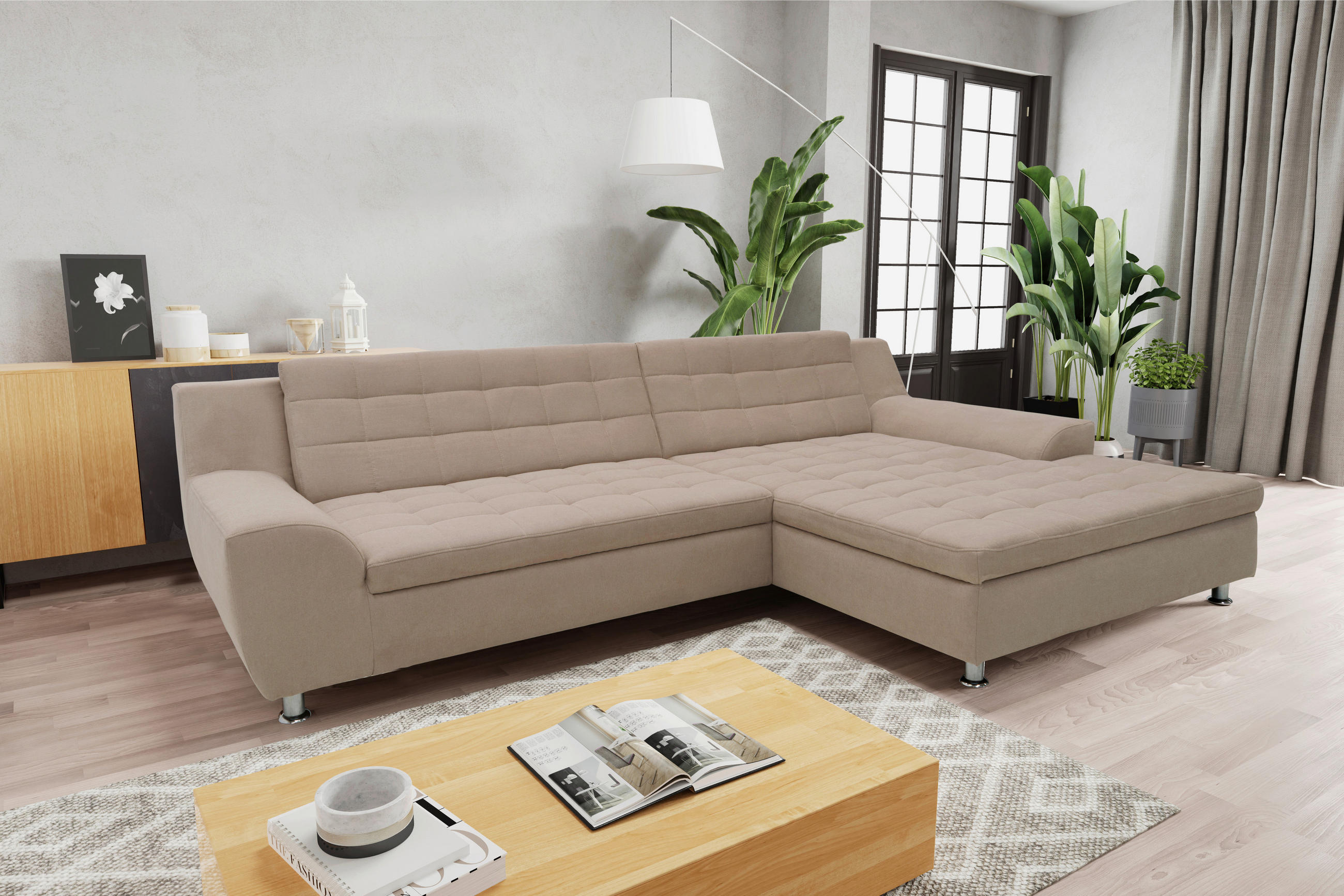 ECKSOFA MORTON Taupe Mikrofaser Rücken echt  - Taupe/Chromfarben, MODERN, Textil/Metall (304/200cm) - MID.YOU