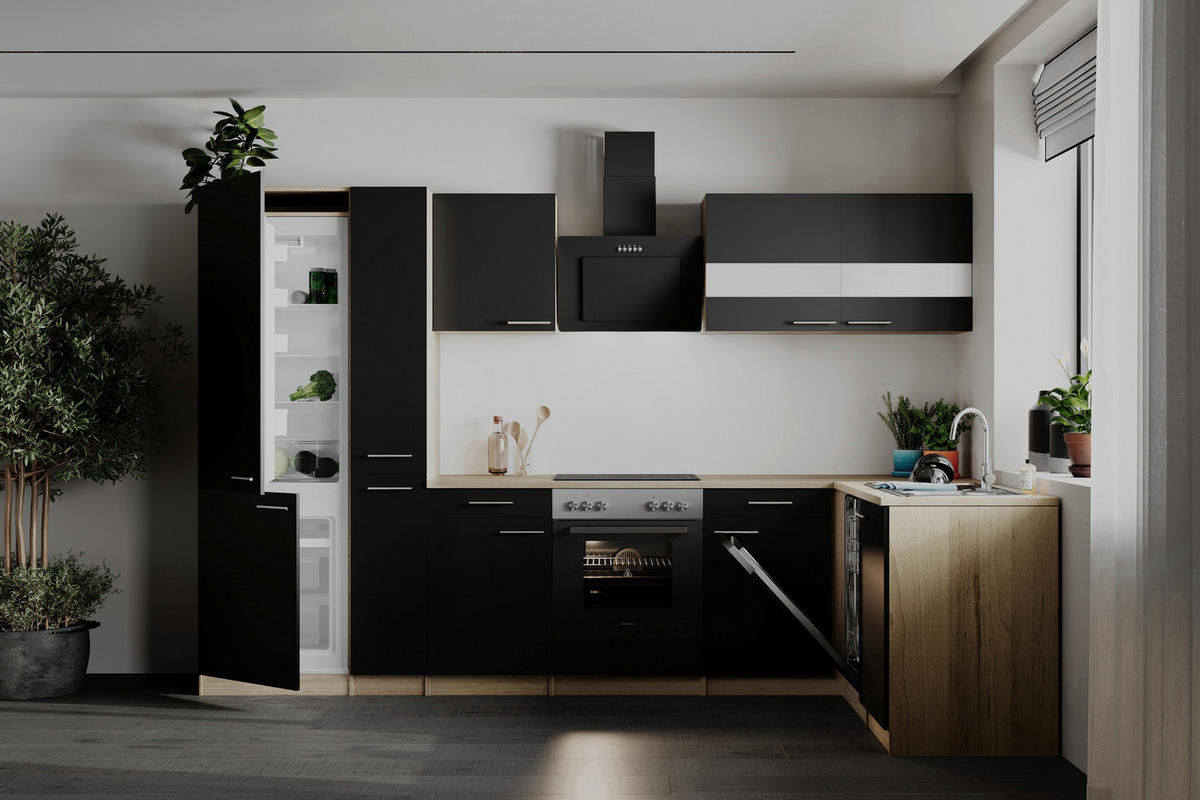 ECKKÜCHE  in Schwarz  - Edelstahlfarben/Eichefarben, Basics, Holzwerkstoff/Metall (310cm) - Respekta
