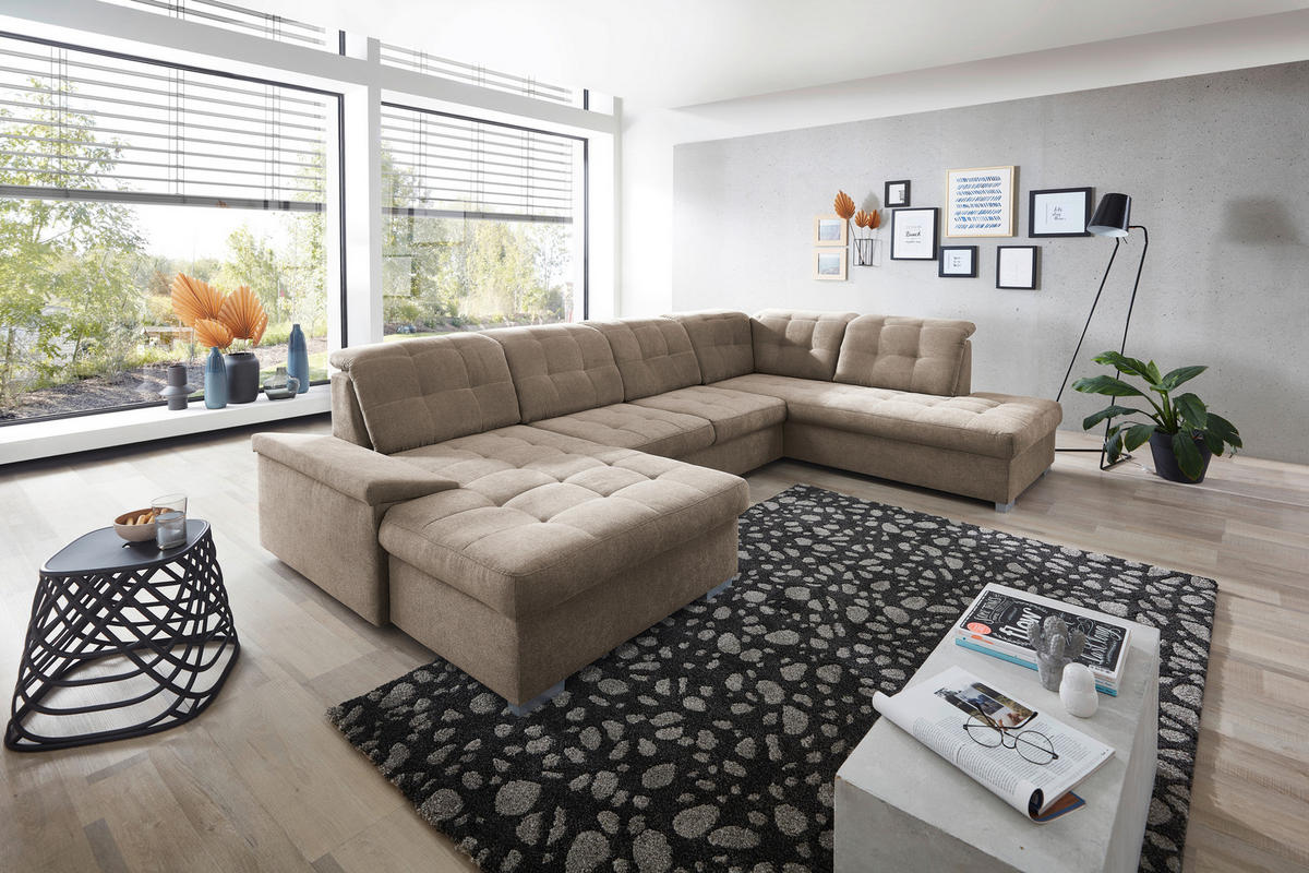 WOHNLANDSCHAFT in Mikrofaser Taupe  - Taupe/Chromfarben, Design, Kunststoff/Textil (169/330/212cm) - Livetastic