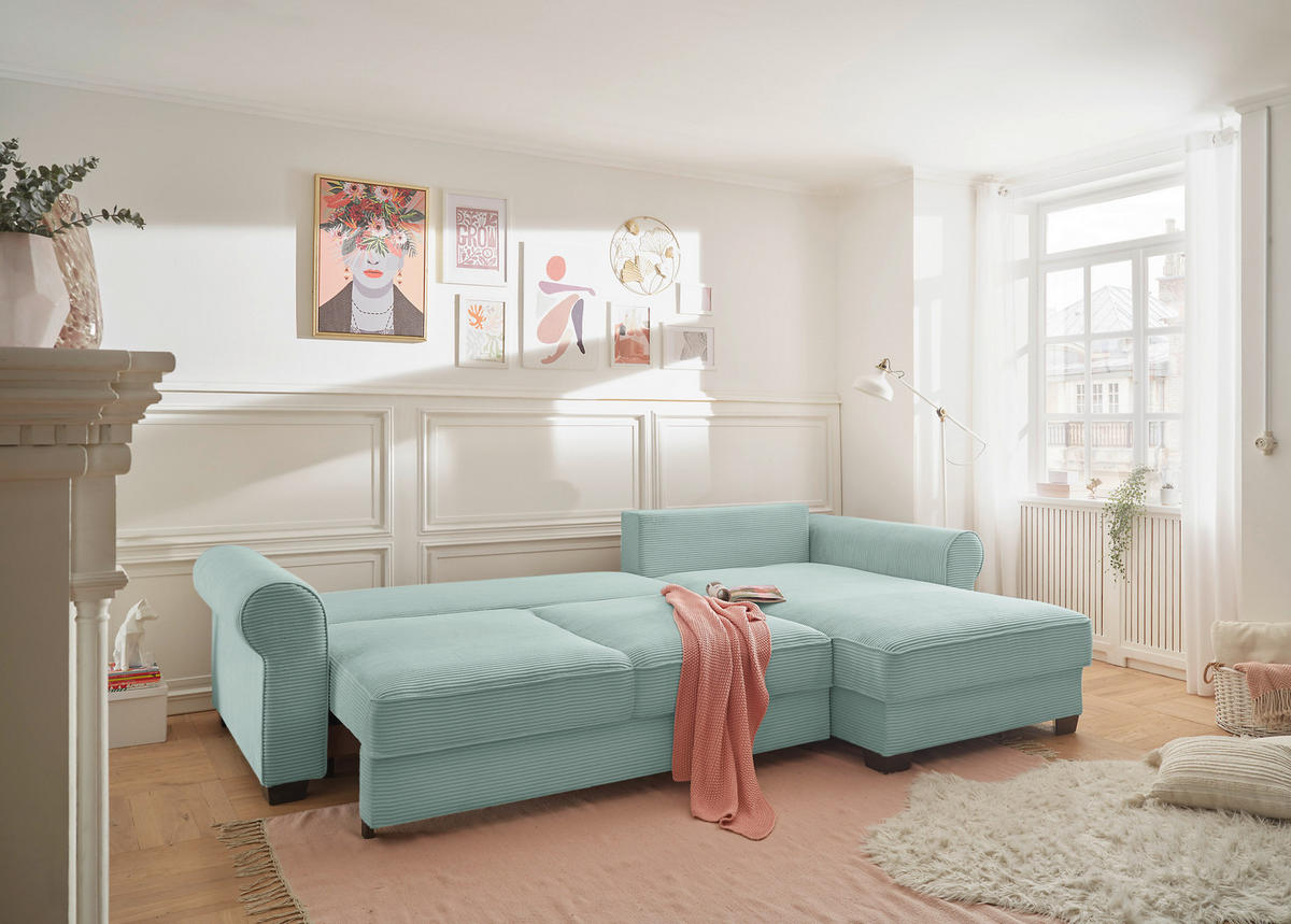 ECKSOFA Salbeigrün Cord  - Salbeigrün/Schwarz, KONVENTIONELL, Kunststoff/Textil (318/197cm) - Hom`in