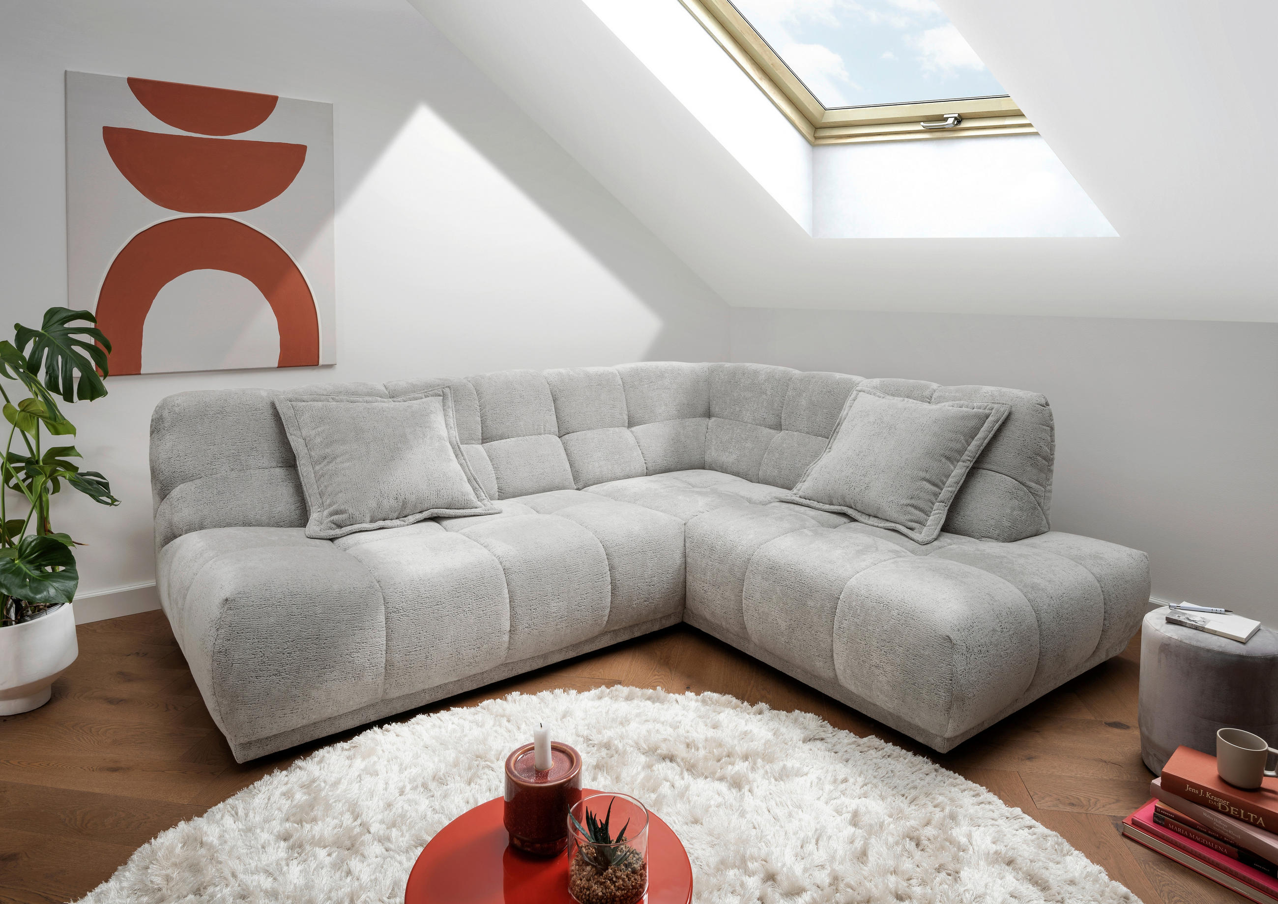 ECKSOFA ITALIA Silberfarben Chenille  - Silberfarben/Schwarz, MODERN, Kunststoff/Textil (254/203cm) - Livetastic