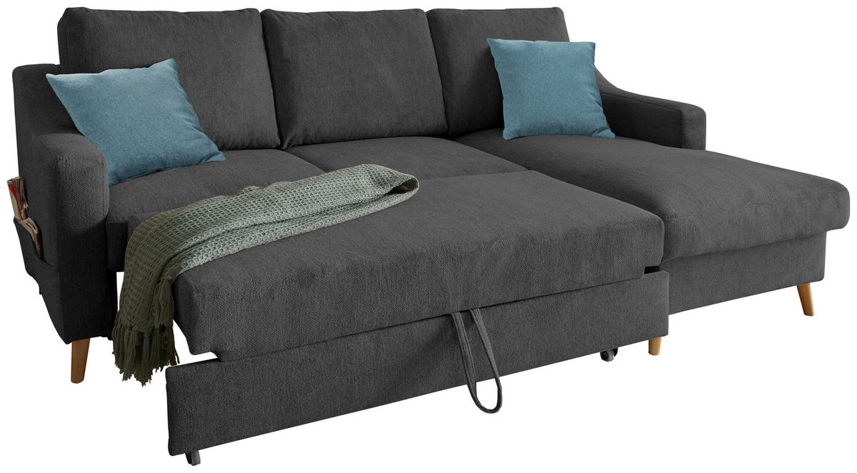 ECKSOFA in Mikrofaser Schwarz  - Blau/Schwarz, Design, Holz/Textil (228/150cm) - MID.YOU