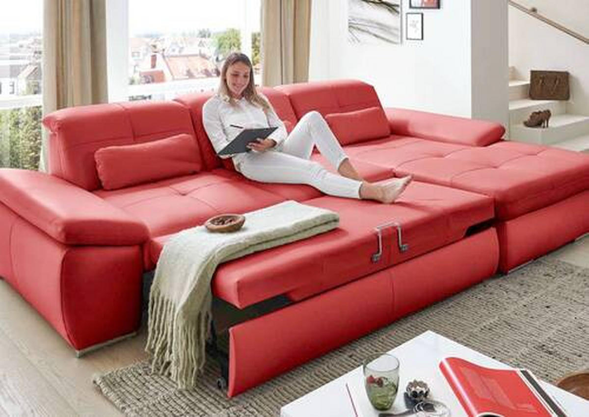 ECKSOFA in Echtleder Rot  - Edelstahlfarben/Rot, Design, Leder/Metall (321/195cm) - Beldomo Speed