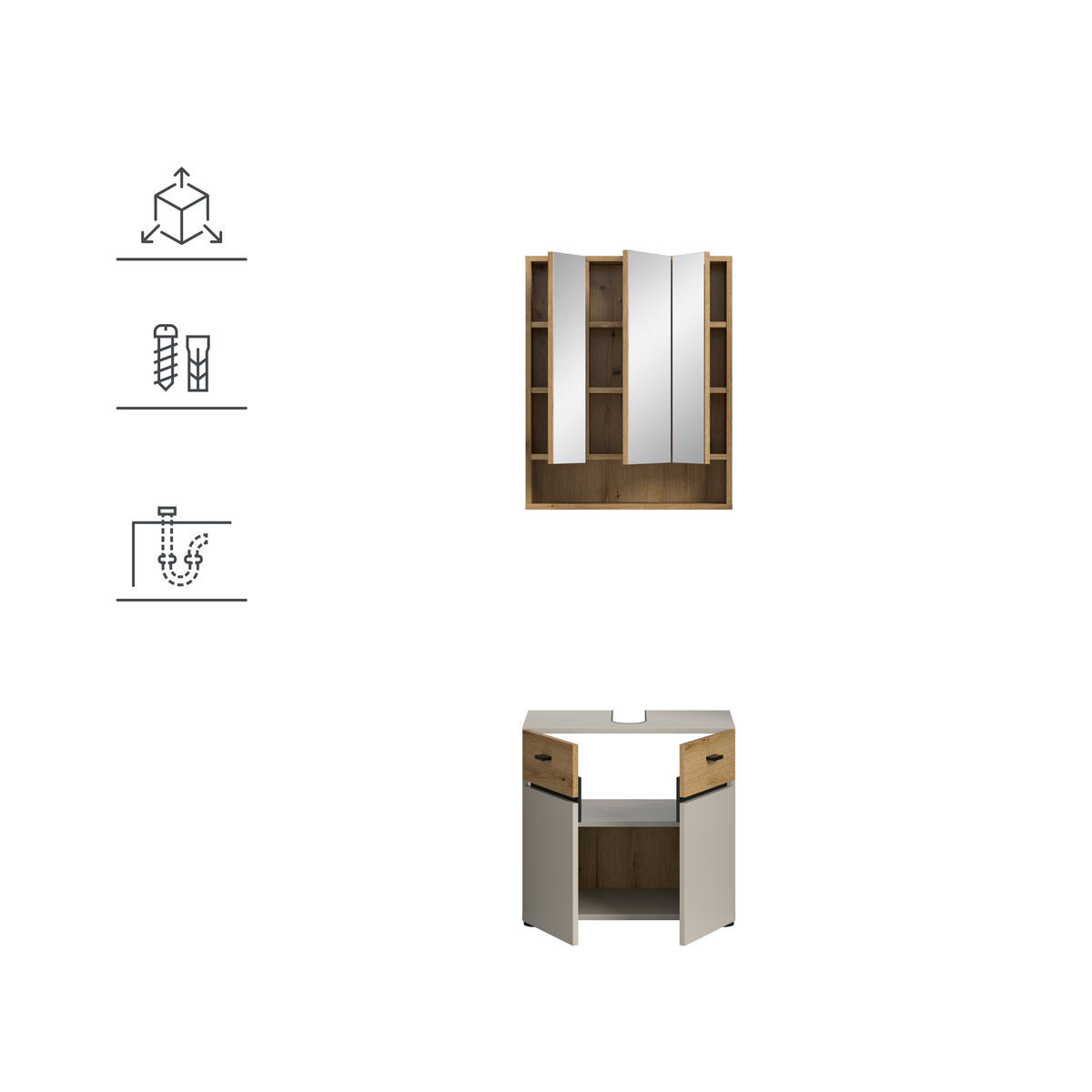 BADEZIMMER 2-teilig  in 60 cm  - Kaschmir/Eichefarben, Trend, Glas/Holzwerkstoff (60cm) - MID.YOU